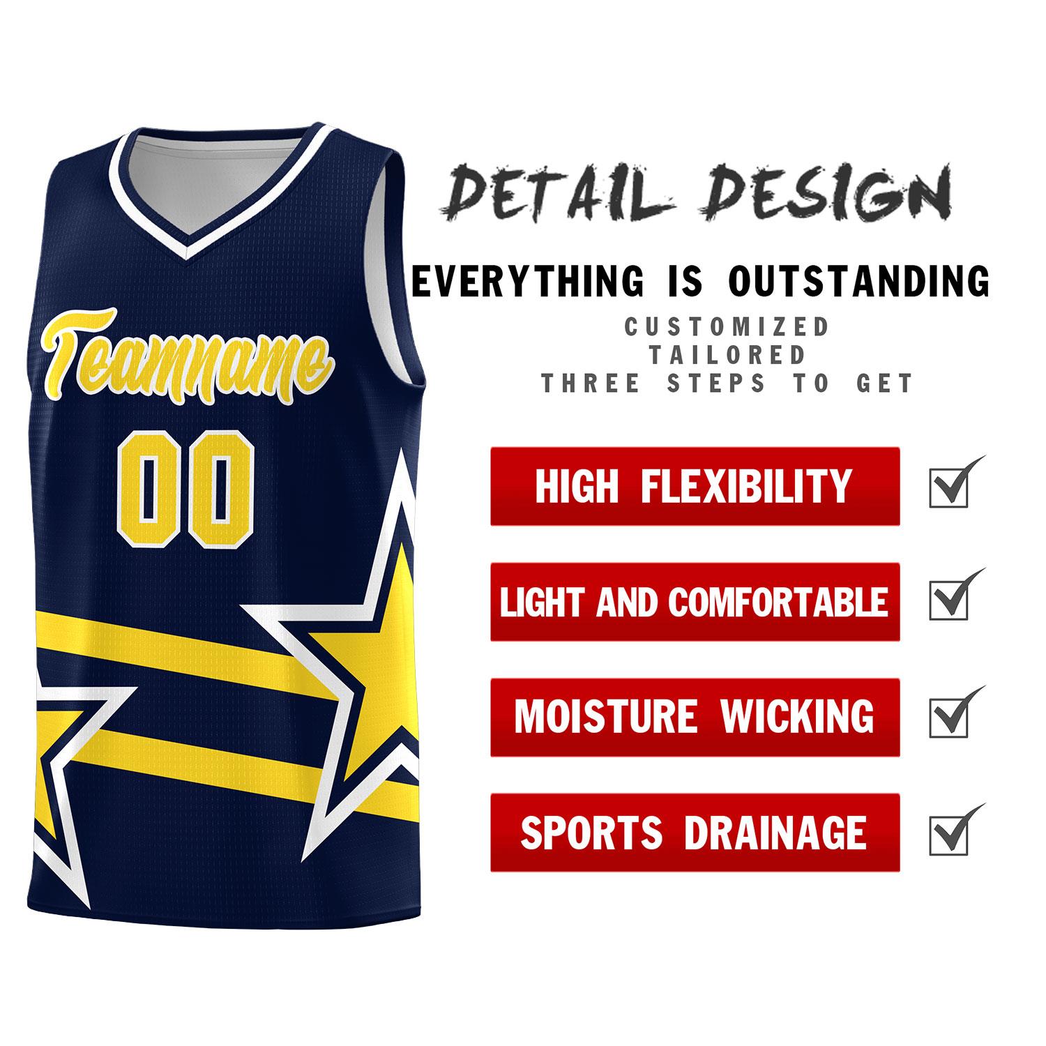 Custom Navy Basketball Kits With Gold Star Pattern And Double Lines