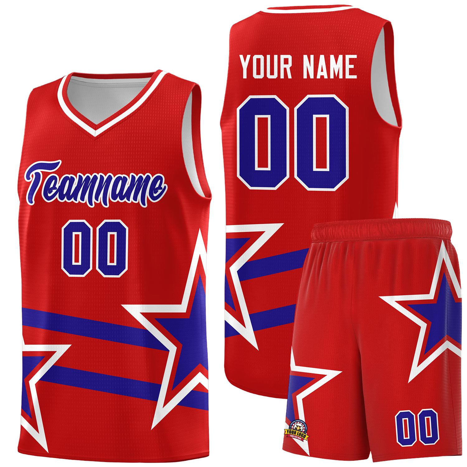 Custom Red Basketball Kits With Royal Star Pattern And Double Lines