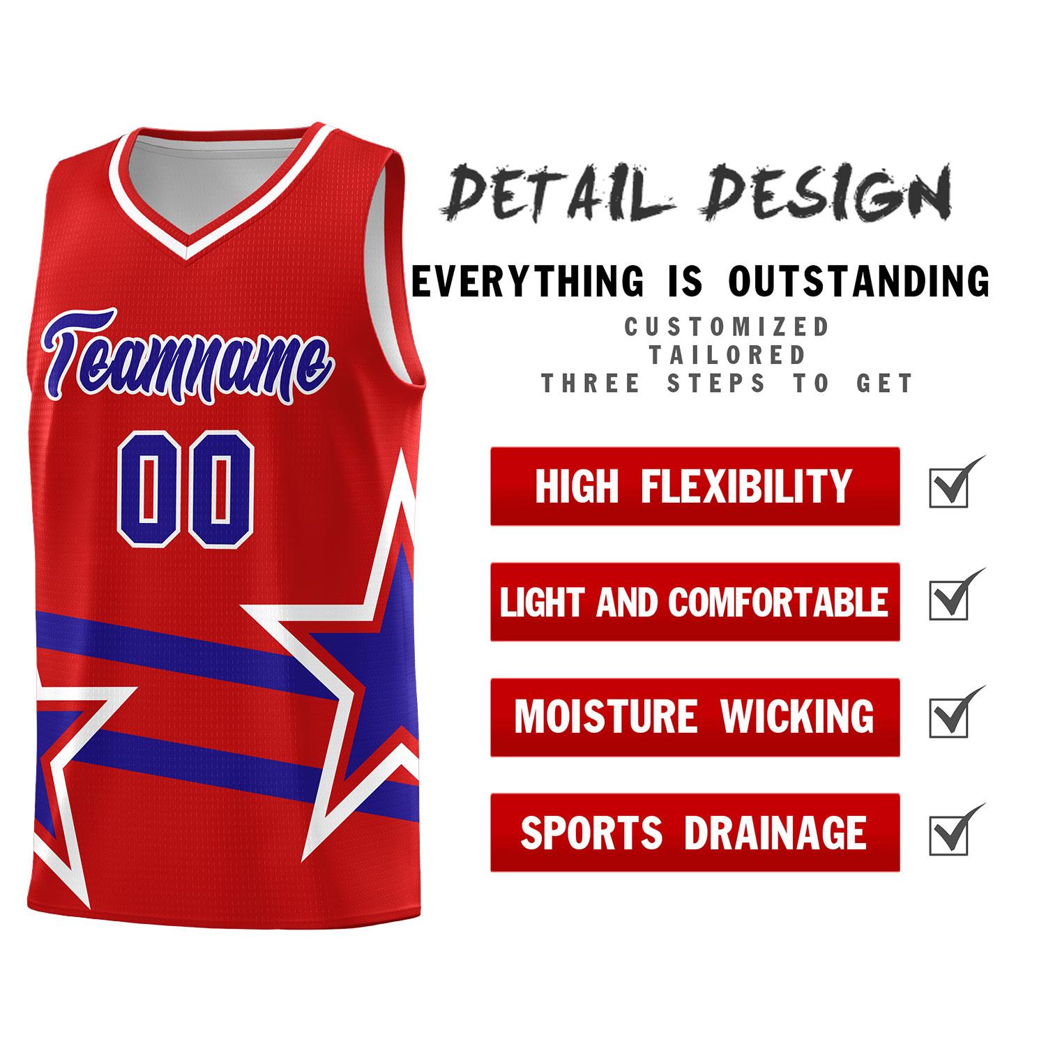 Custom Red Basketball Kits With Royal Star Pattern And Double Lines