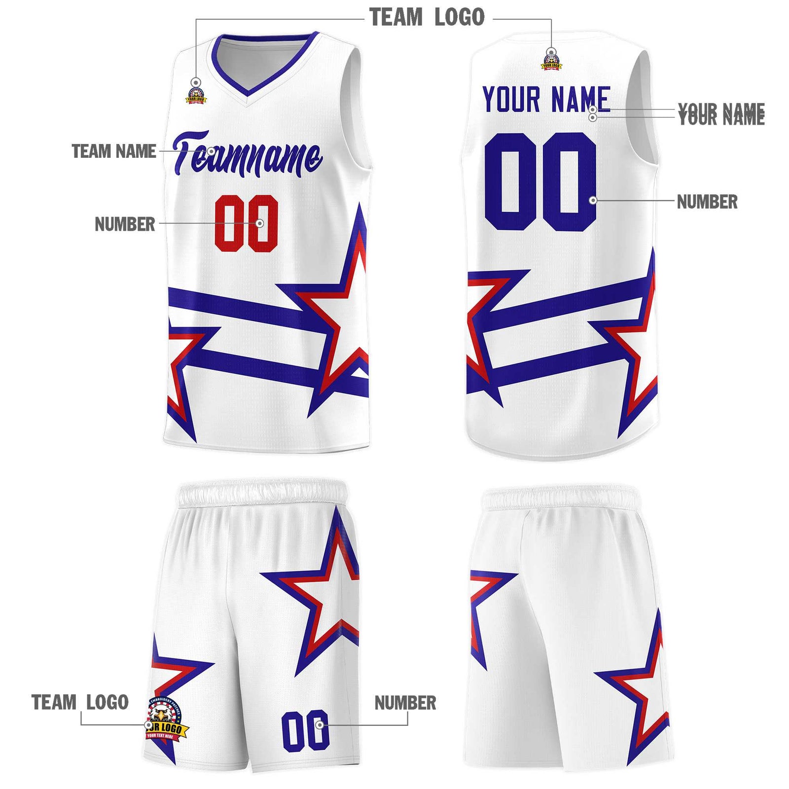 Custom Red Basketball Kits With Royal Star Pattern And Double Lines