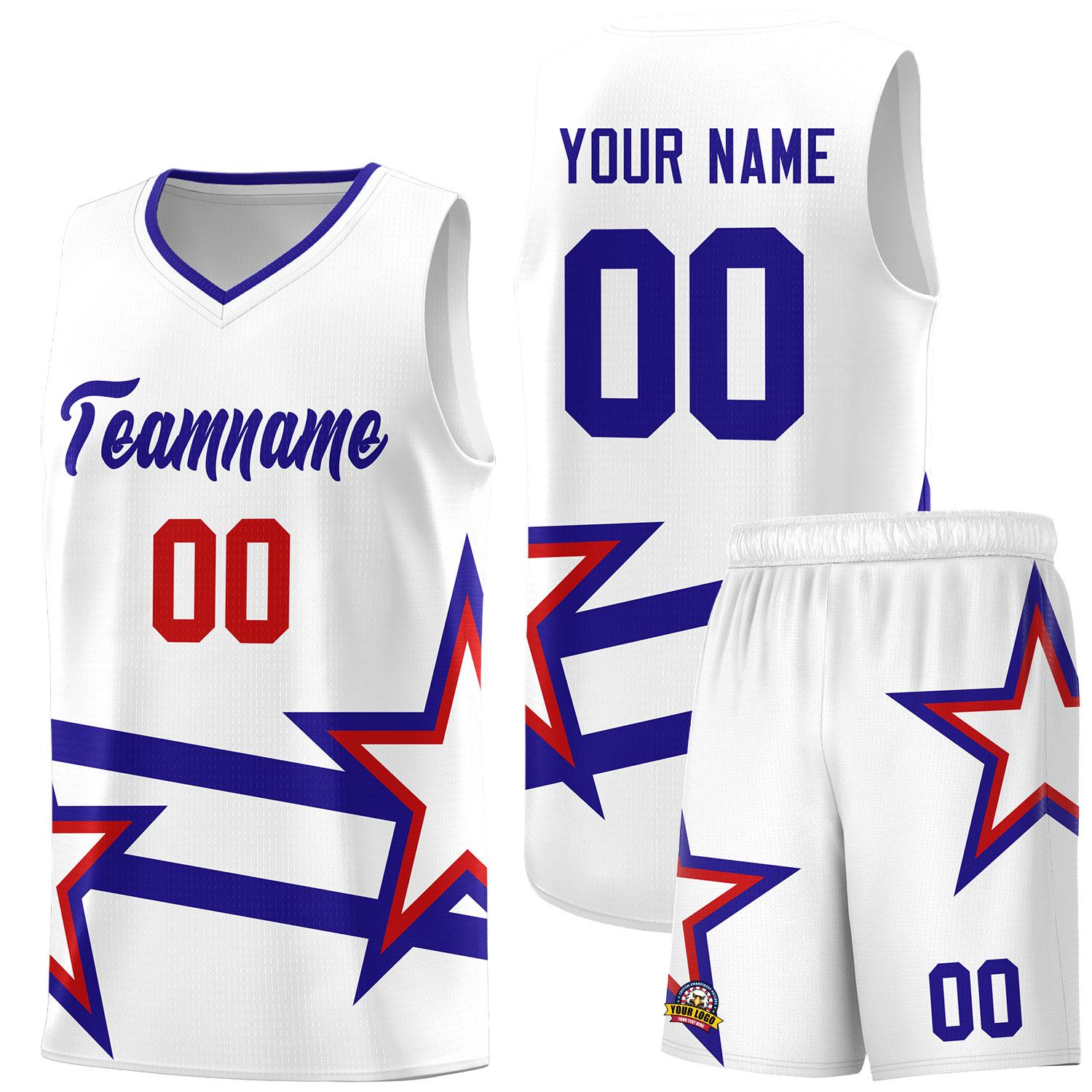 Custom Red Basketball Kits With Royal Star Pattern And Double Lines