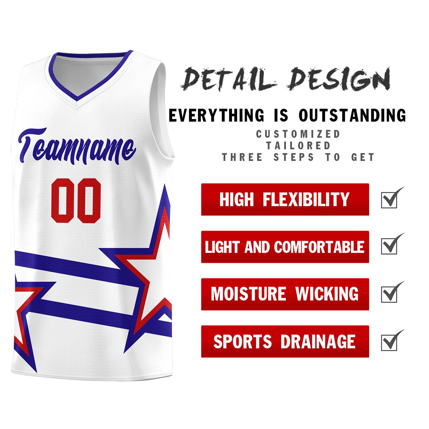 Custom Red Basketball Kits With Royal Star Pattern And Double Lines