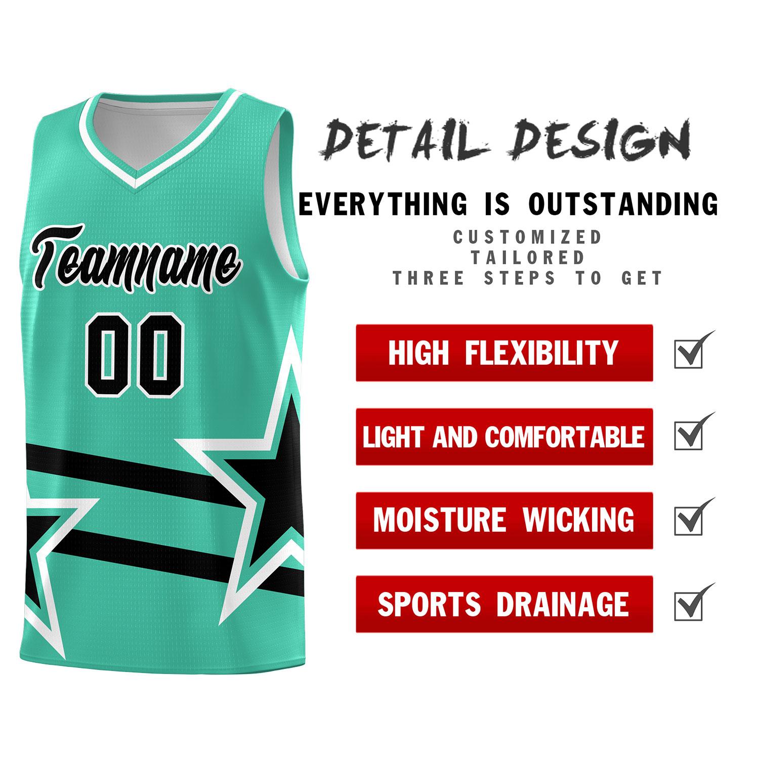 Custom Bright Green Basketball Kits With Black Star Pattern And Double Lines