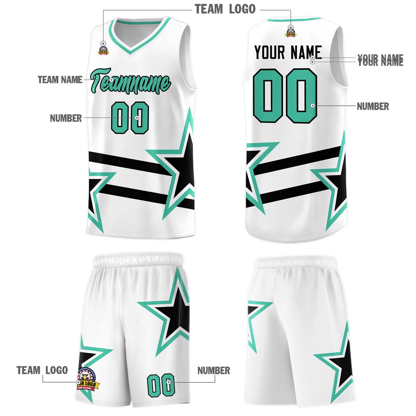 Custom White Basketball Kits With Bright Green Star Pattern And Double Lines