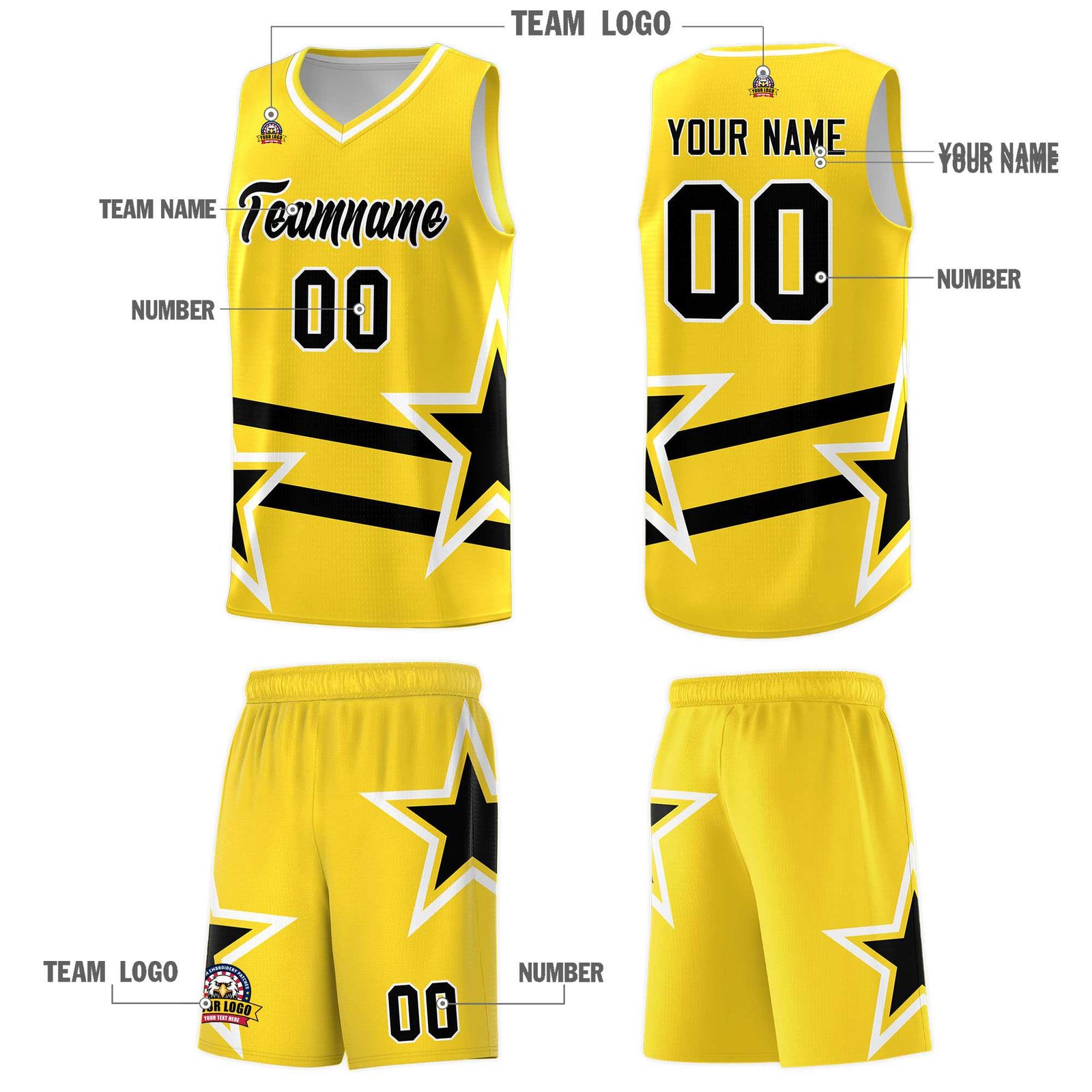 Custom Gold Basketball Kits With Black Star Pattern And Double Lines