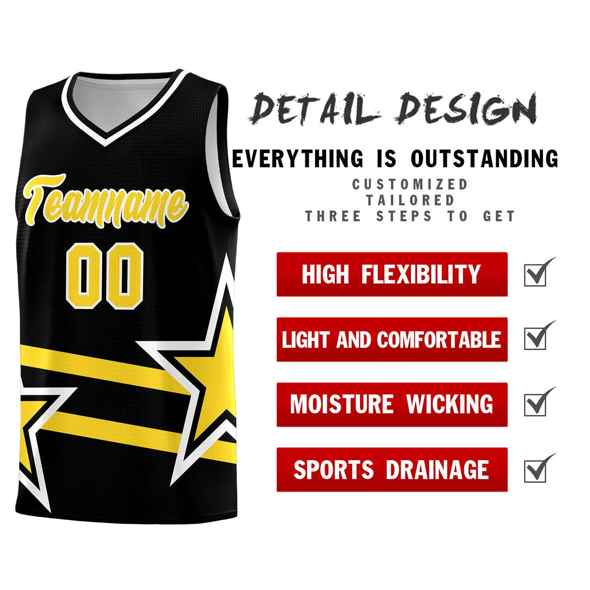 Custom Black Basketball Kits With Gold Star Pattern And Double Lines