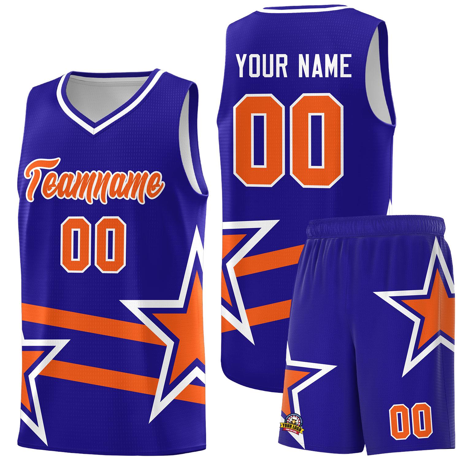 Custom Royal Basketball Kits With Orange Star Pattern And Double Lines