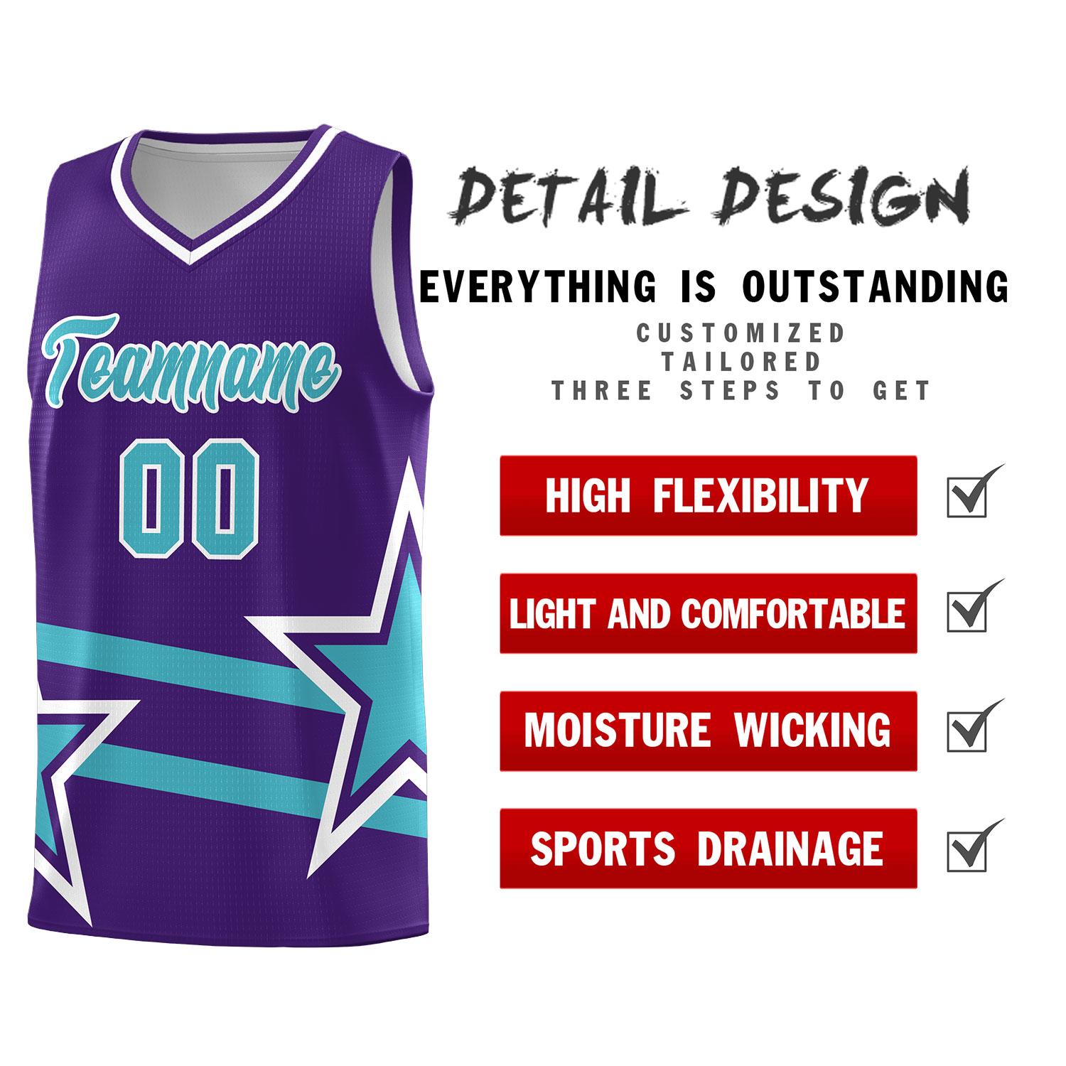 Custom Purple Basketball Kits With Sky Blue Star Pattern And Double Lines