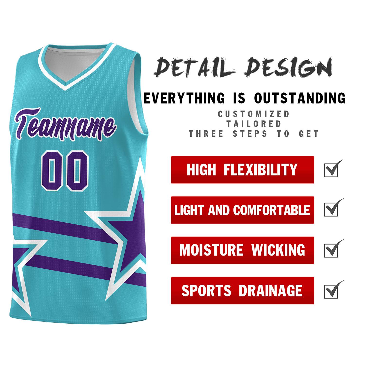 Custom Sky Blue Basketball Kits With Purple Star Pattern And Double Lines