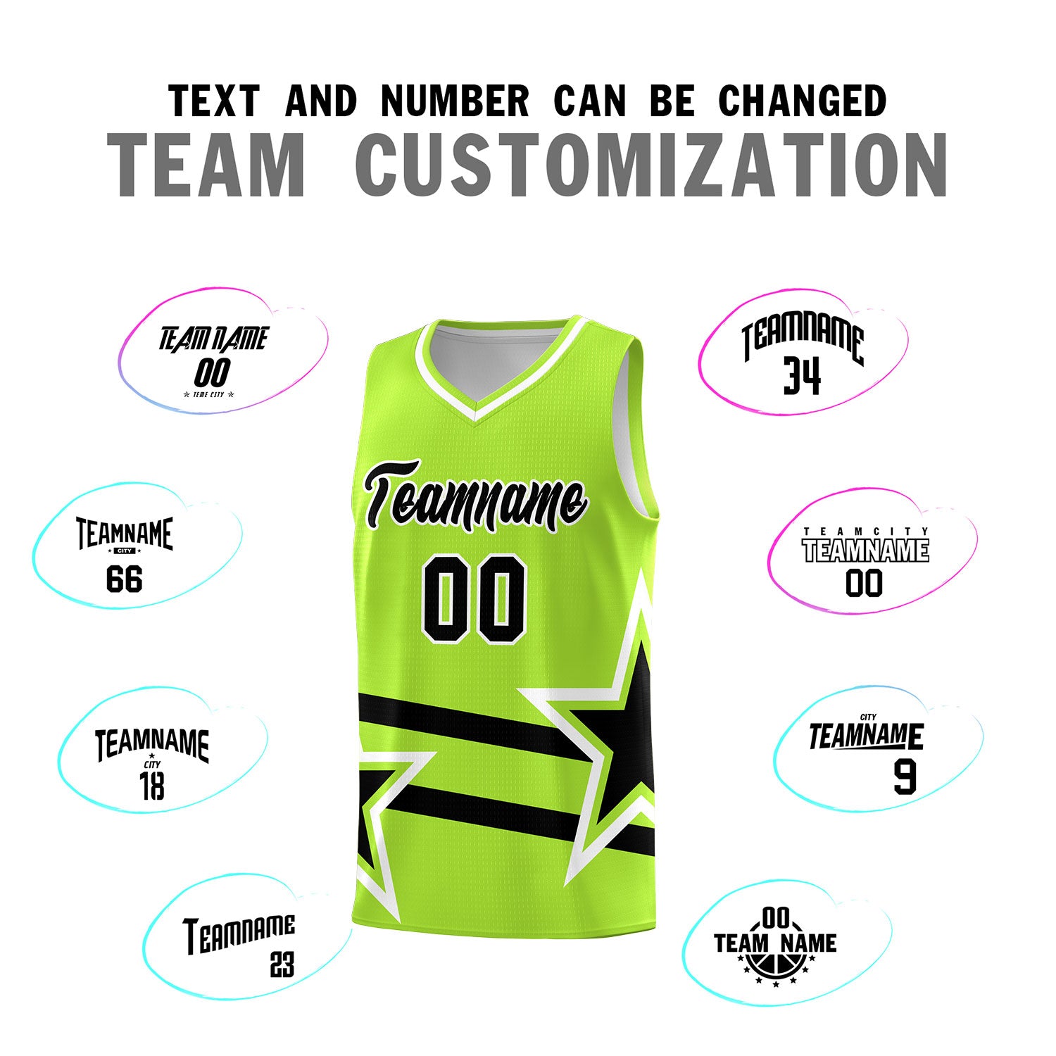 Custom Neon Green Basketball Kits With Black Star Pattern And Double Lines