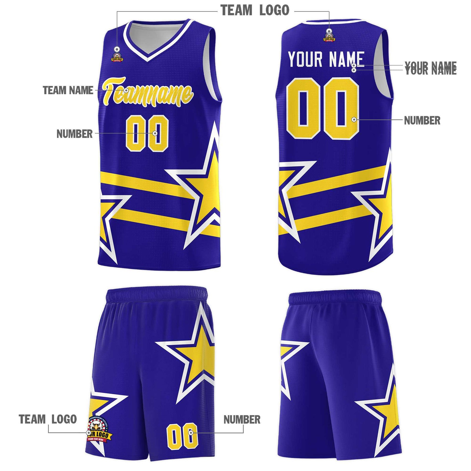 Custom Royal Basketball Kits With Gold Star Pattern And Double Lines
