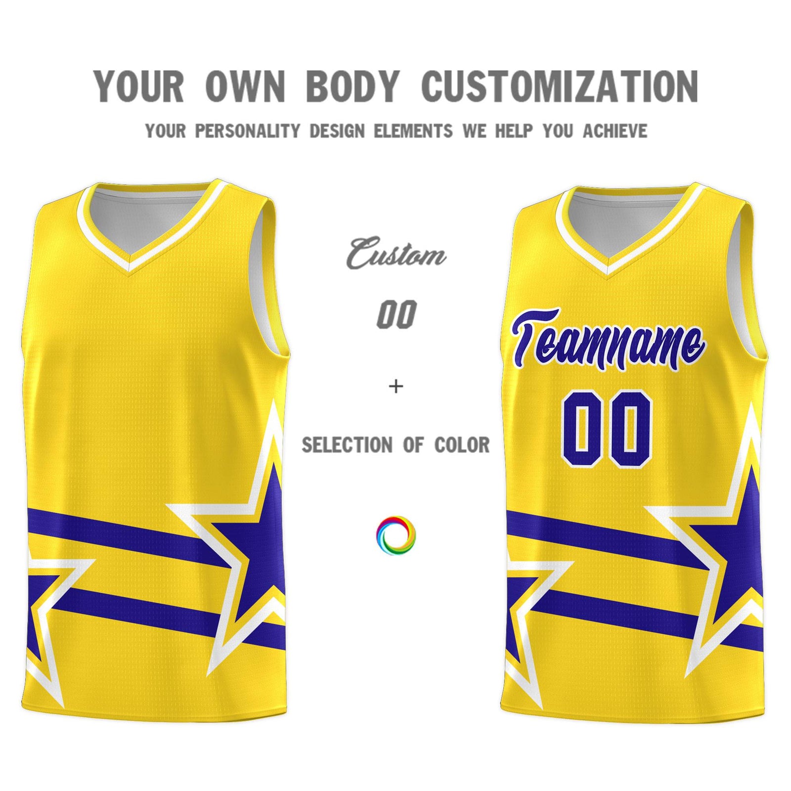 Custom Gold Basketball Kits With Royal Star Pattern And Double Lines