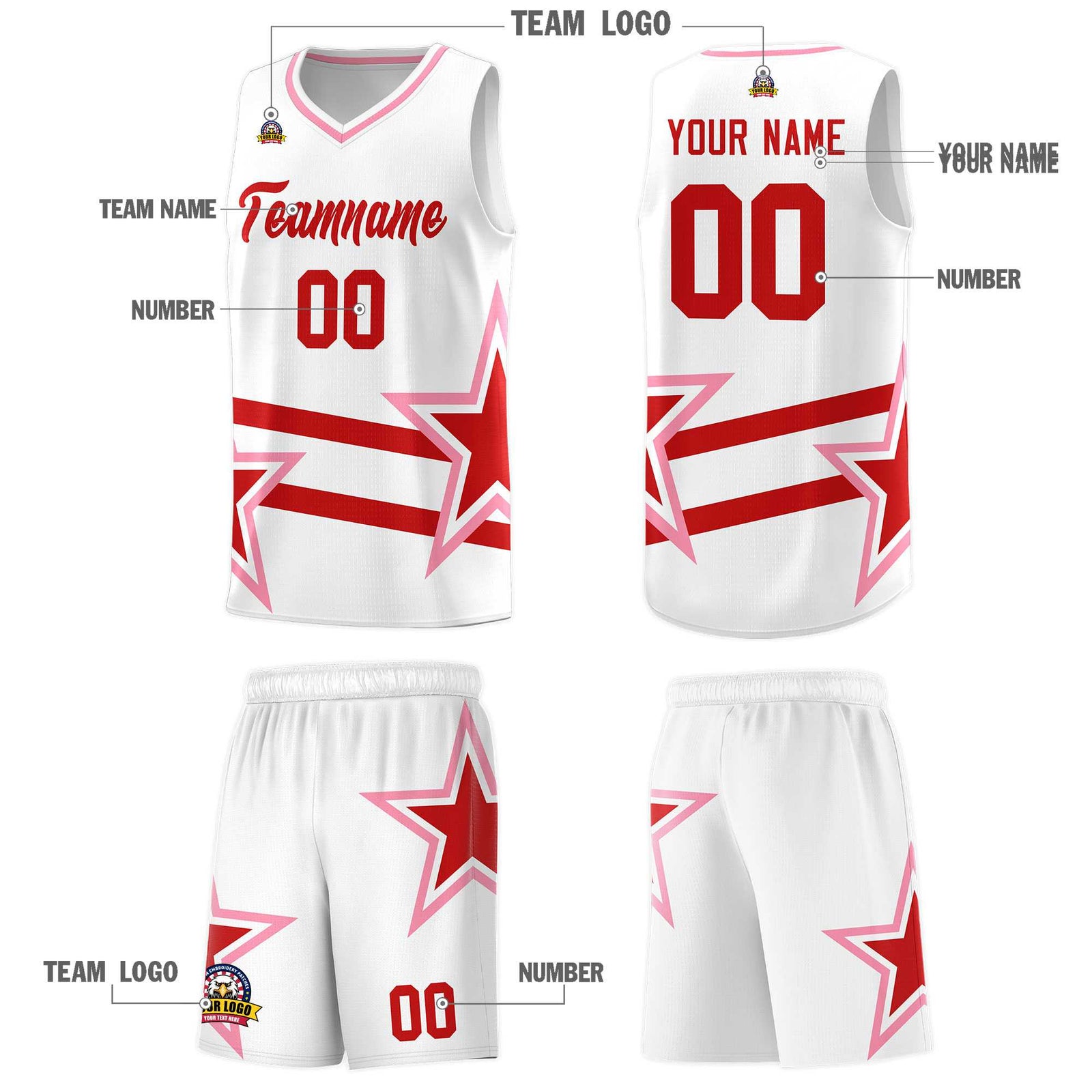 Custom White Basketball Kits With Red Star Pattern And Double Lines