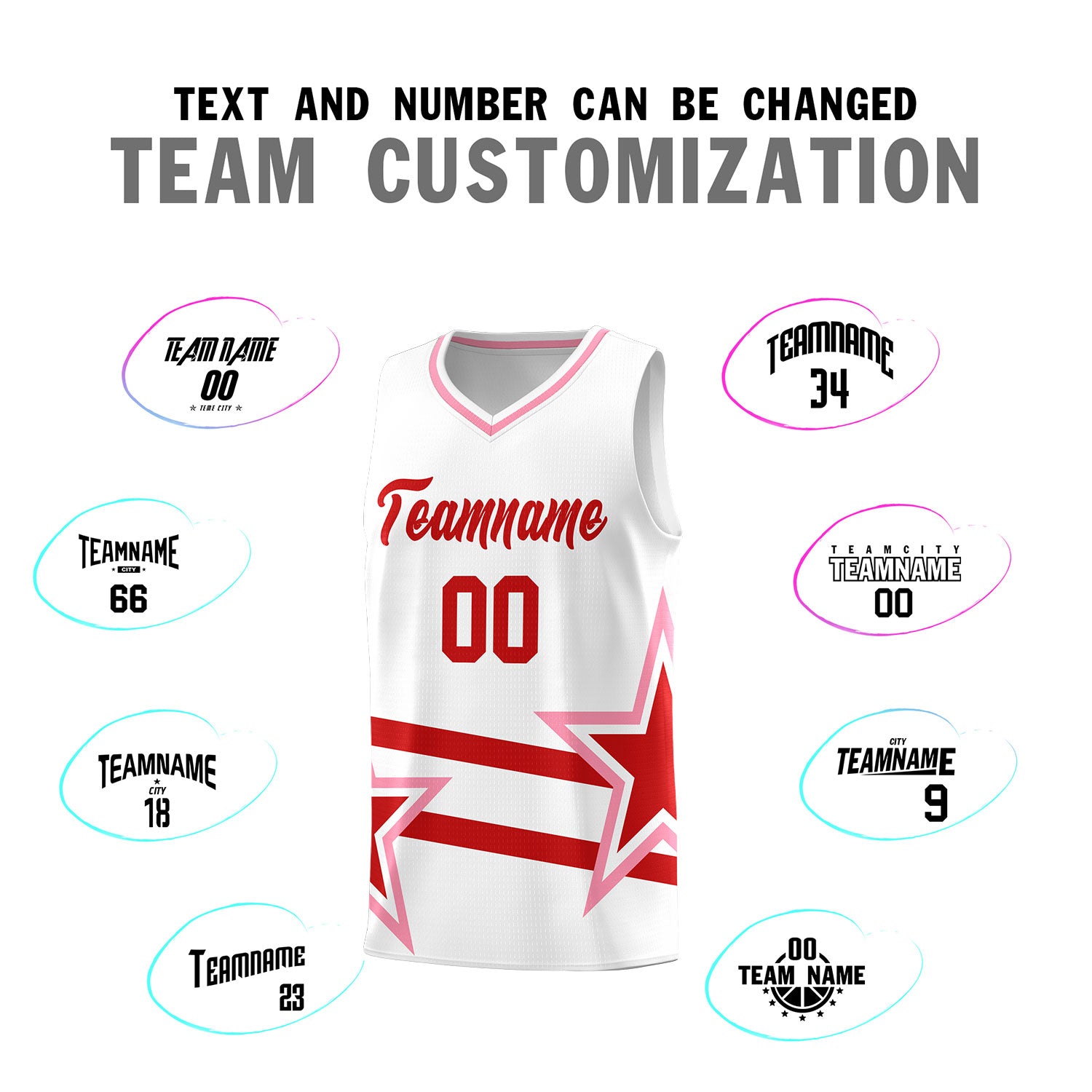 Custom White Basketball Kits With Red Star Pattern And Double Lines
