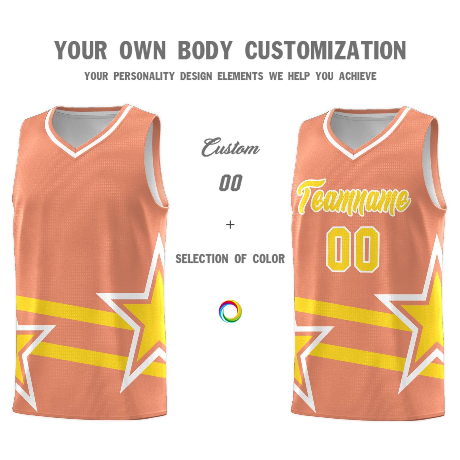Custom Light Orange Basketball Kits With Gold Star Pattern And Double Lines