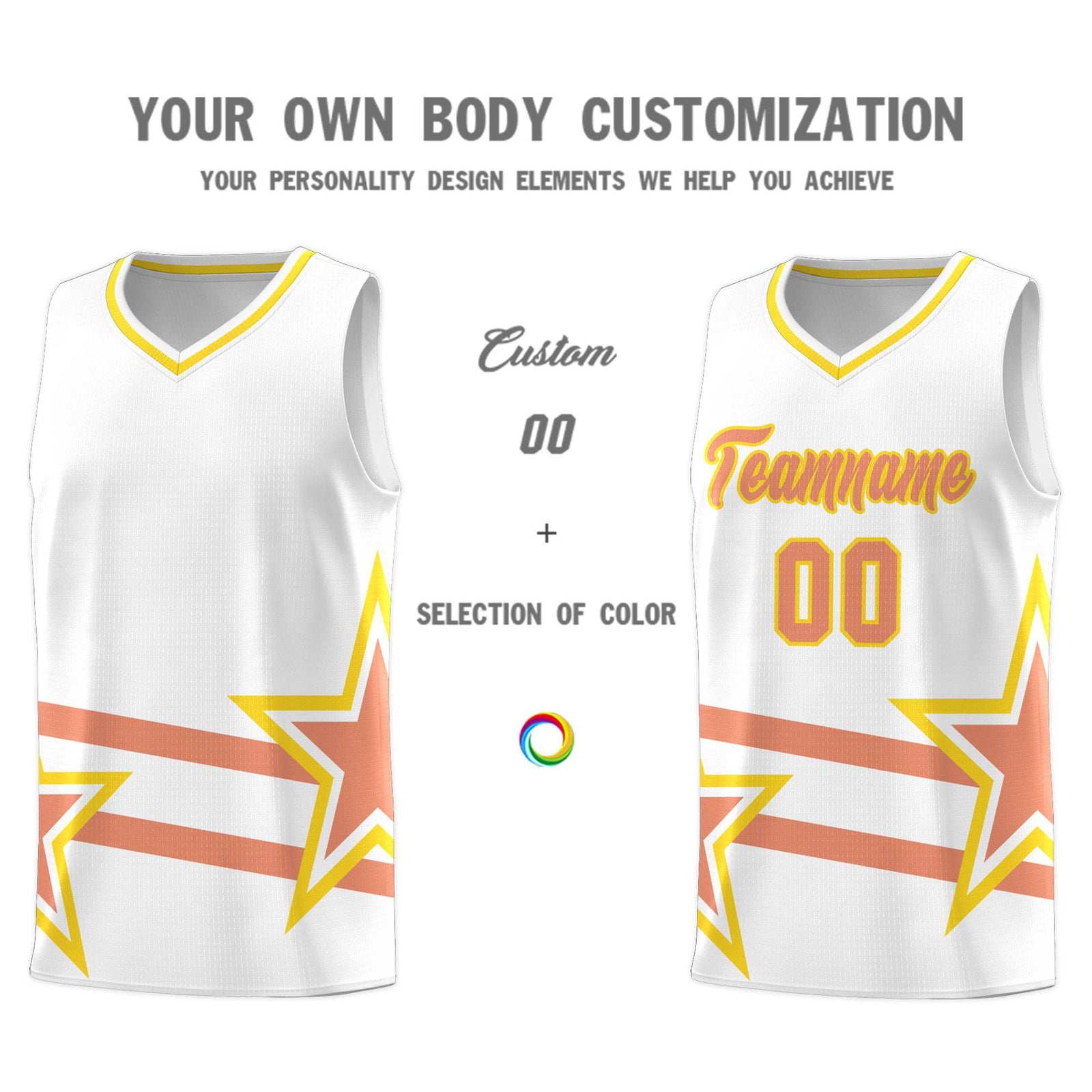 Custom White Basketball Kits With Light Orange Star Pattern And Double Lines