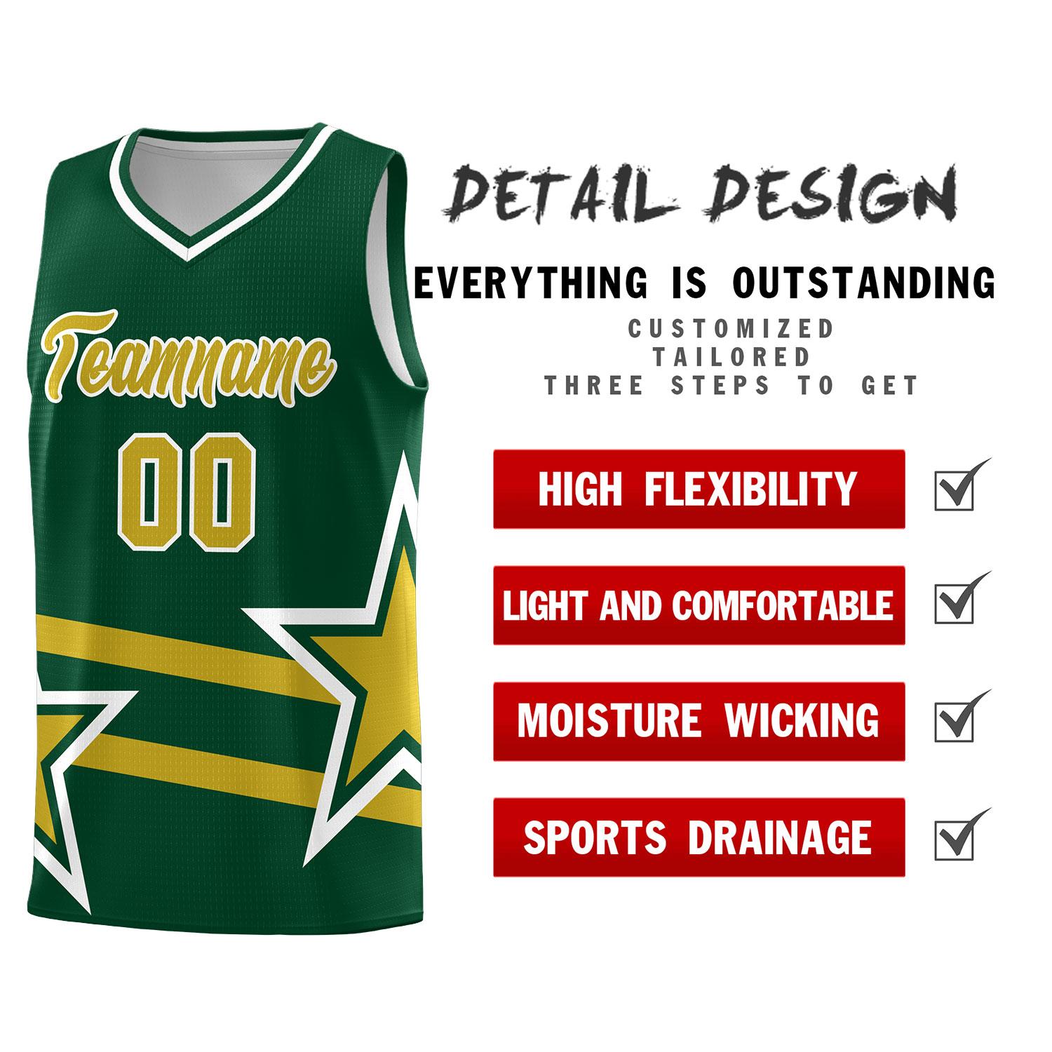 Custom Green Basketball Kits With Old Gold Star Pattern And Double Lines