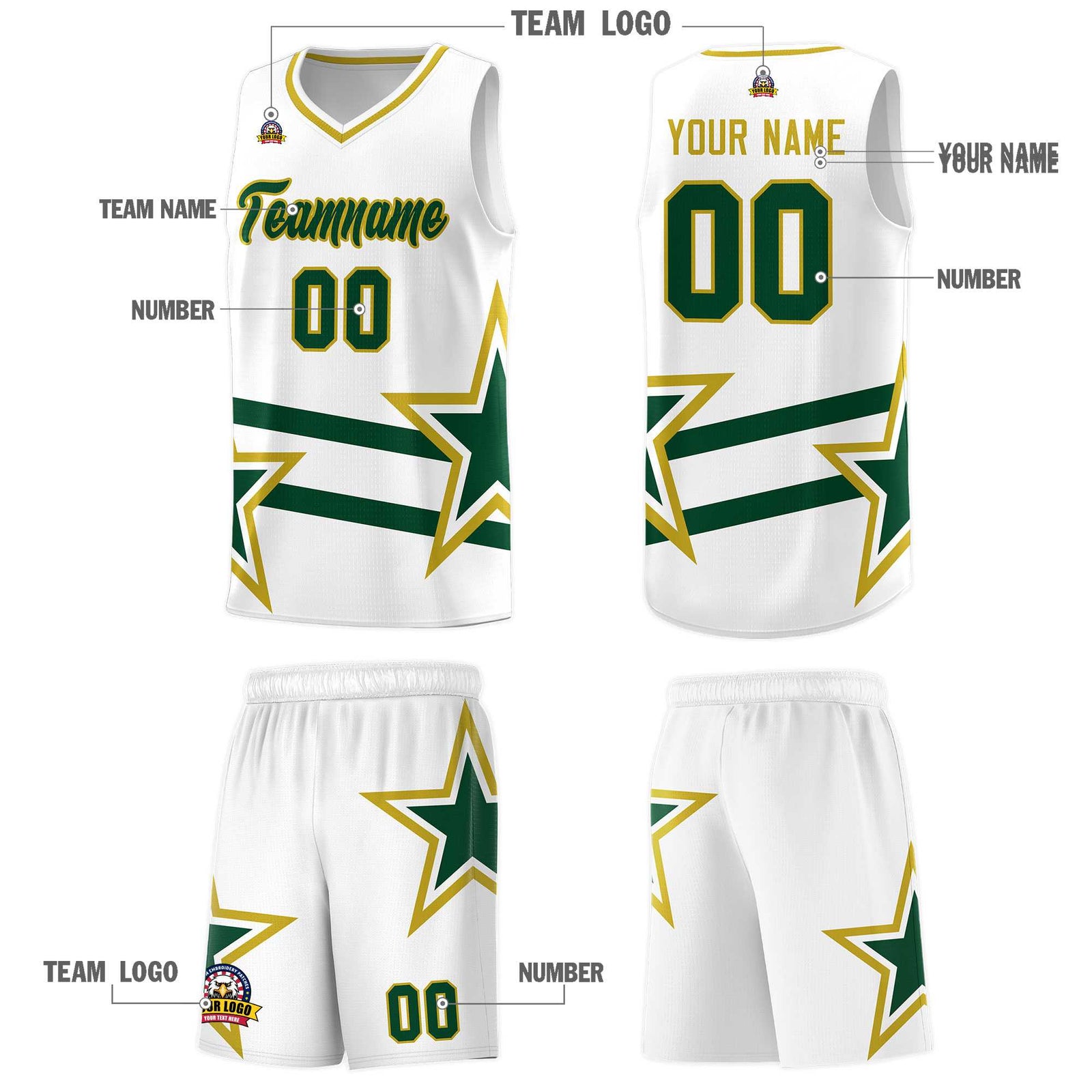 Custom White Basketball Kits With Green Star Pattern And Double Lines