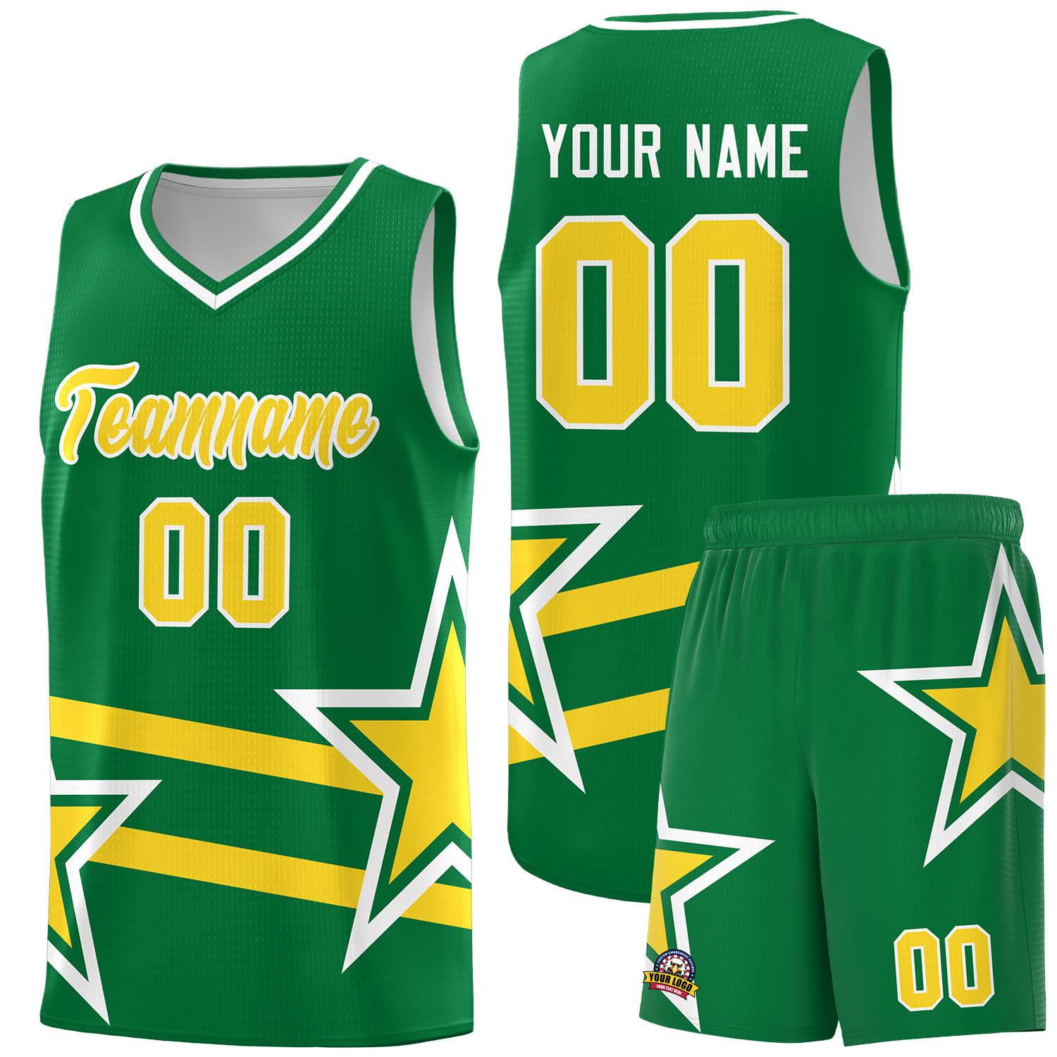 Custom Kelly Green Basketball Kits With Gold Star Pattern And Double Lines