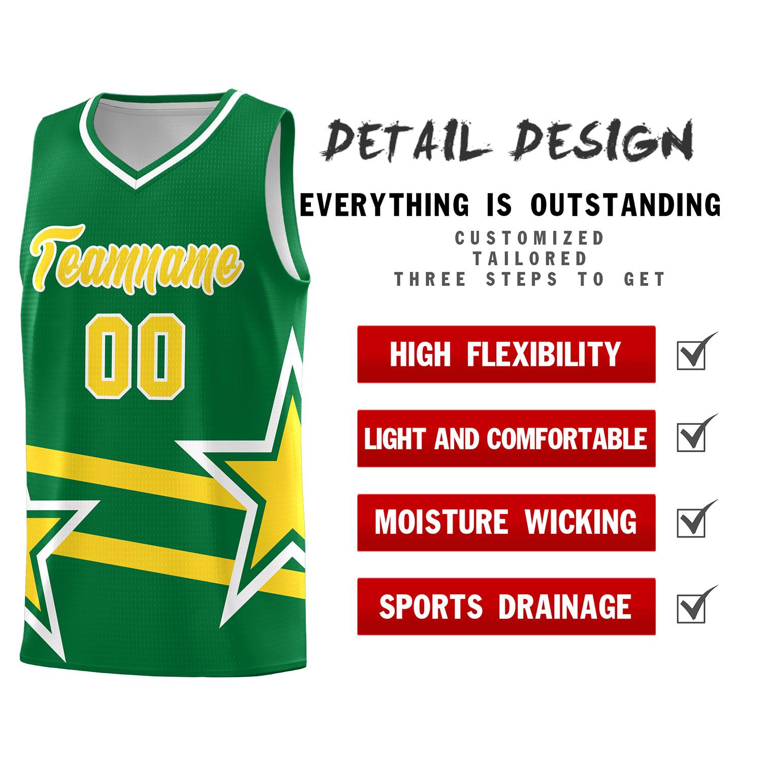 Custom Kelly Green Basketball Kits With Gold Star Pattern And Double Lines