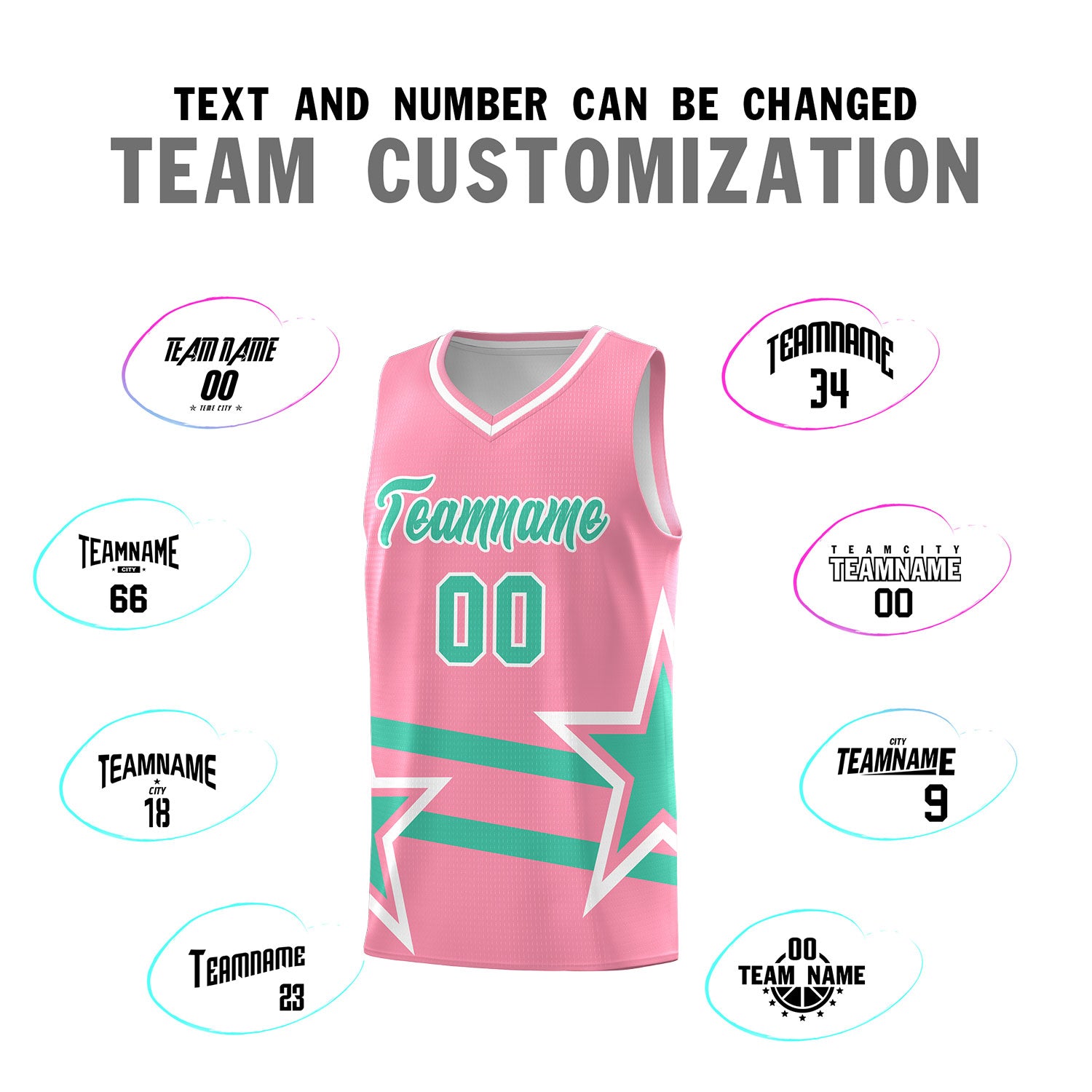 Custom Light Pink Basketball Kits With Bright Green Star Pattern And Double Lines
