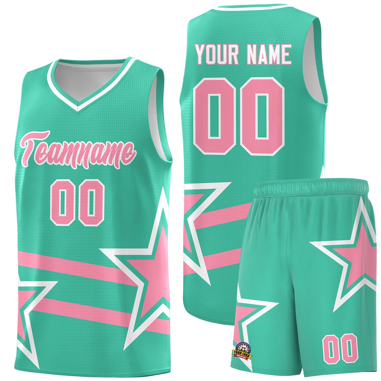 Custom Bright Green Basketball Kits With Light Pink Star Pattern And Double Lines