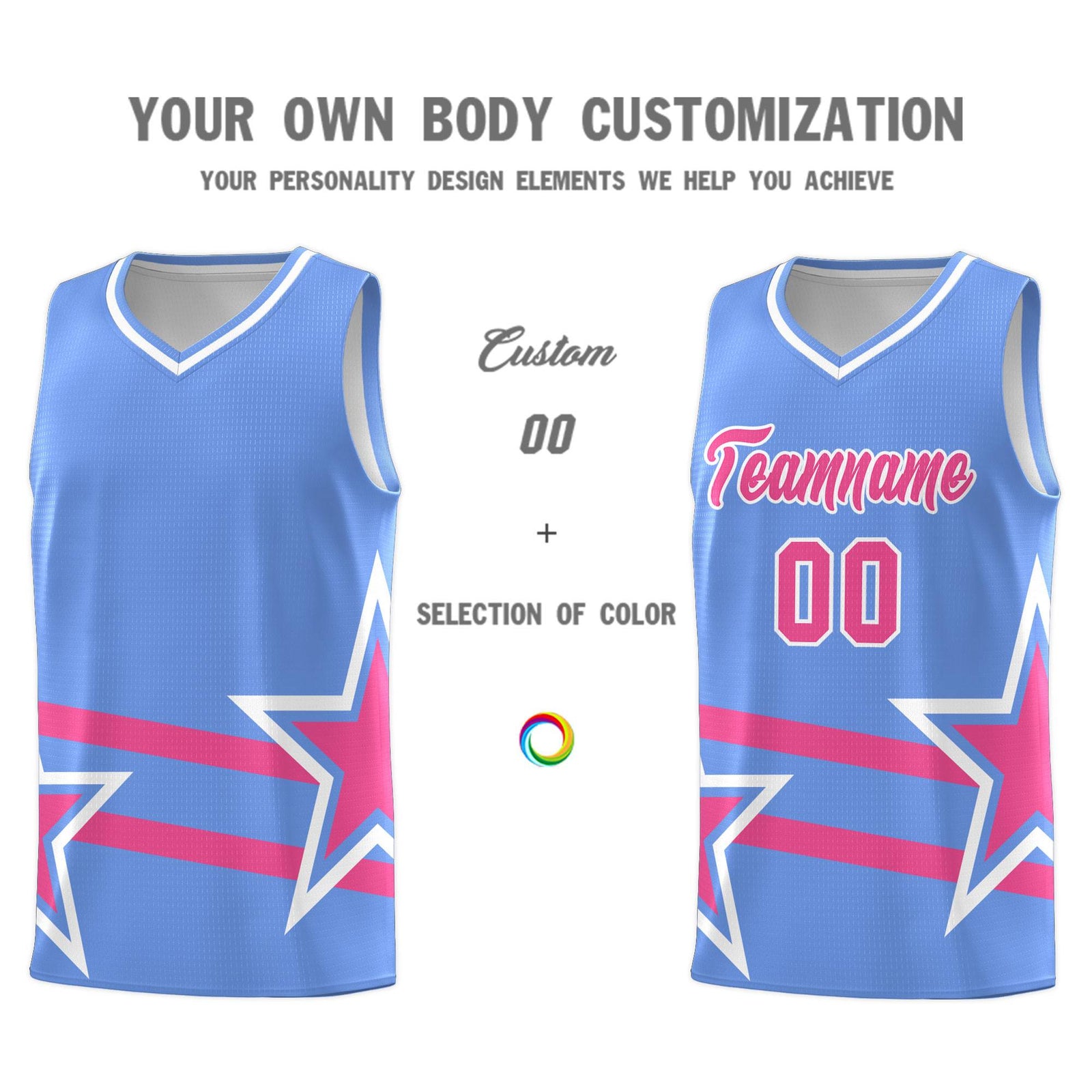 Custom Light Blue Basketball Kits With Pink Star Pattern And Double Lines