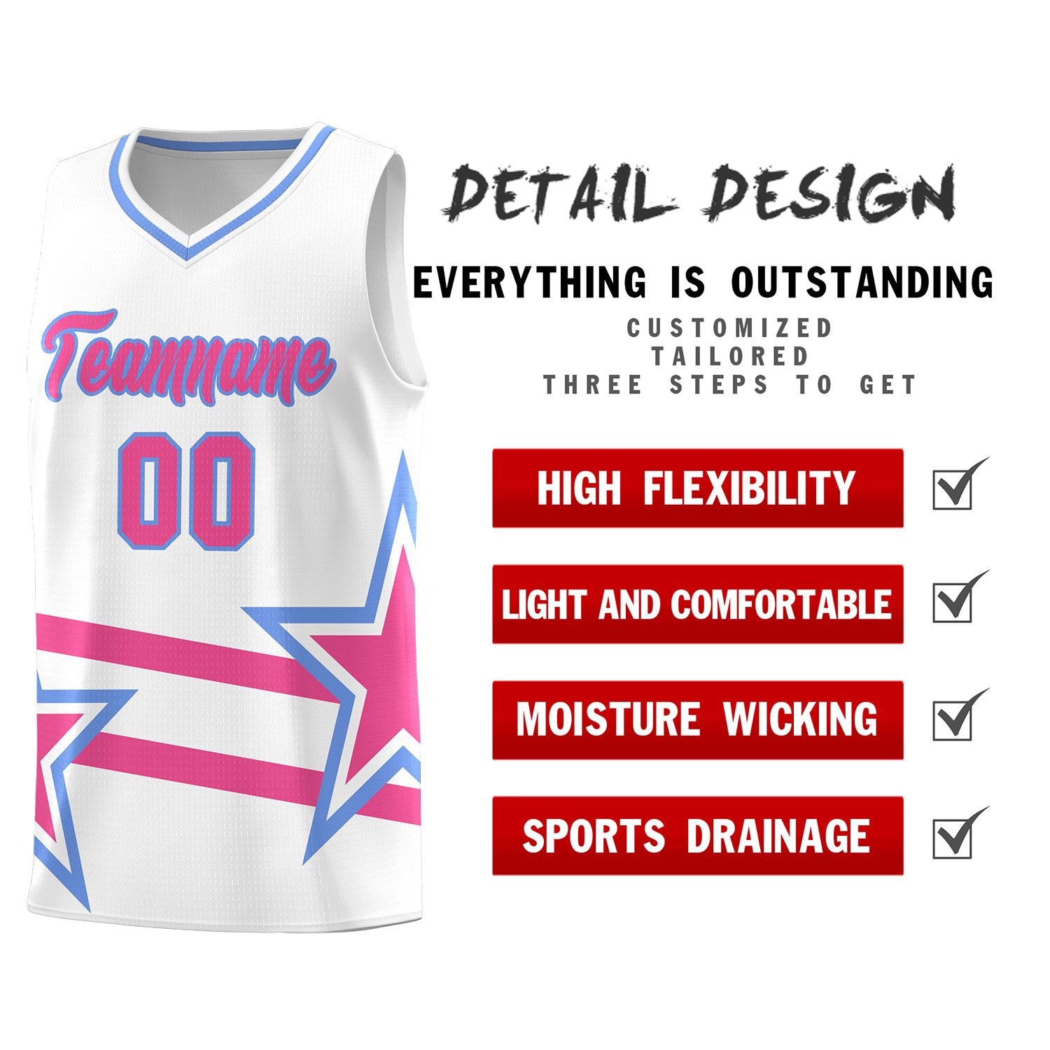 Custom White Basketball Kits With Pink Star Pattern And Double Lines