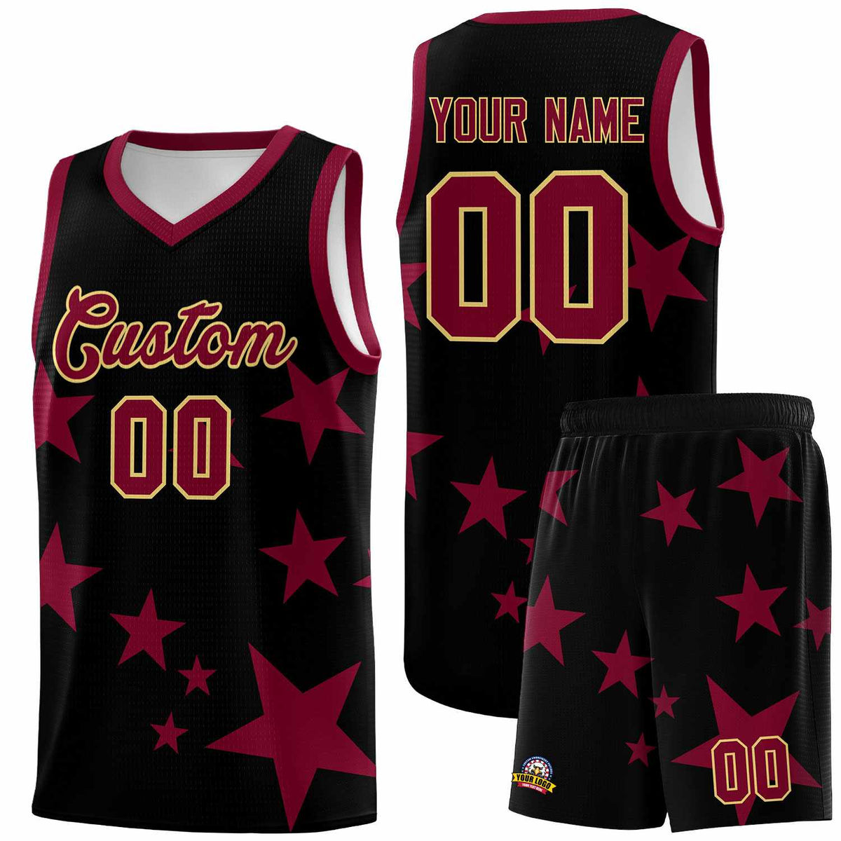 Custom Black Crimson Graffiti Pattern Star Print Basketball Kits Sets
