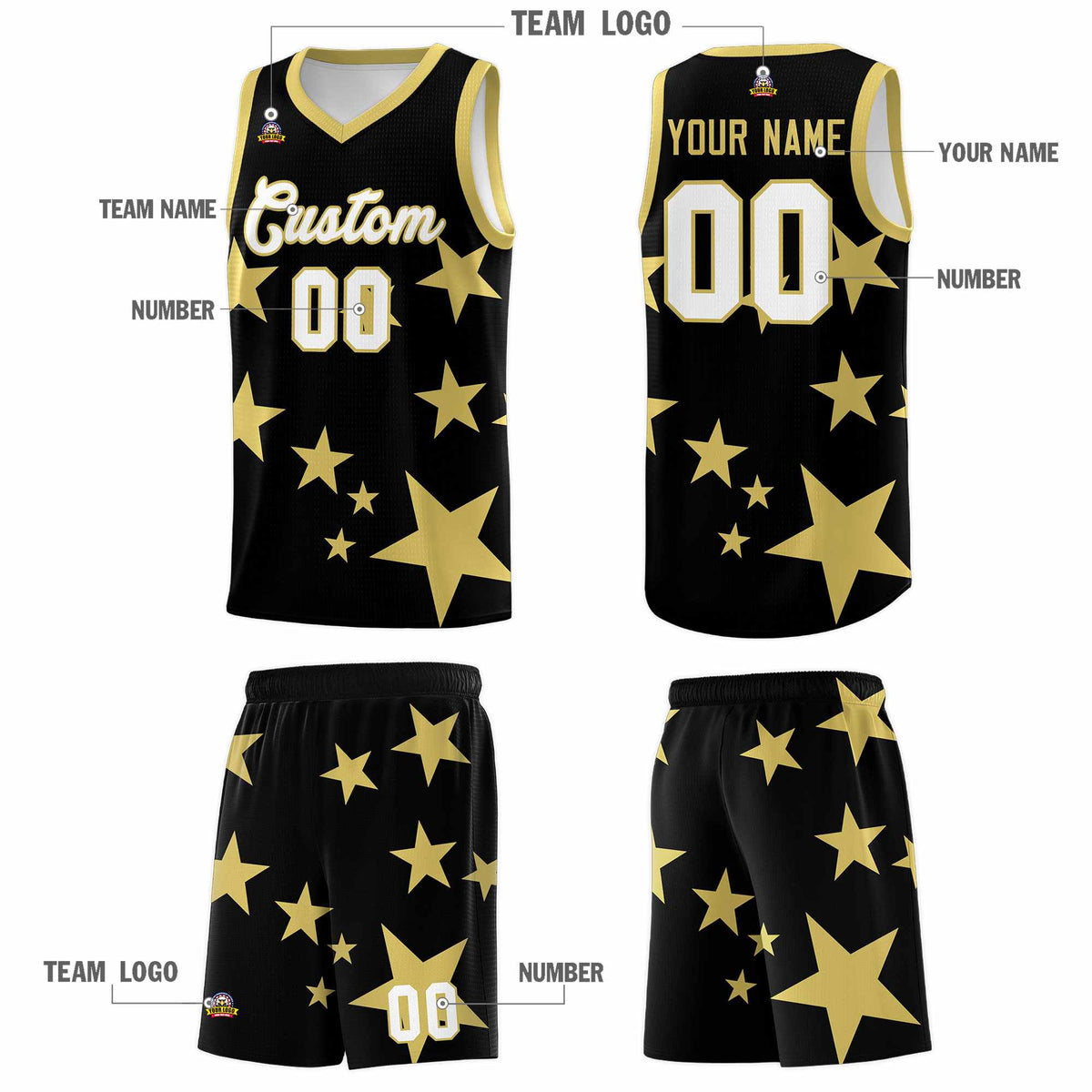Custom Black Old Gold Graffiti Pattern Star Print Basketball Kits Sets