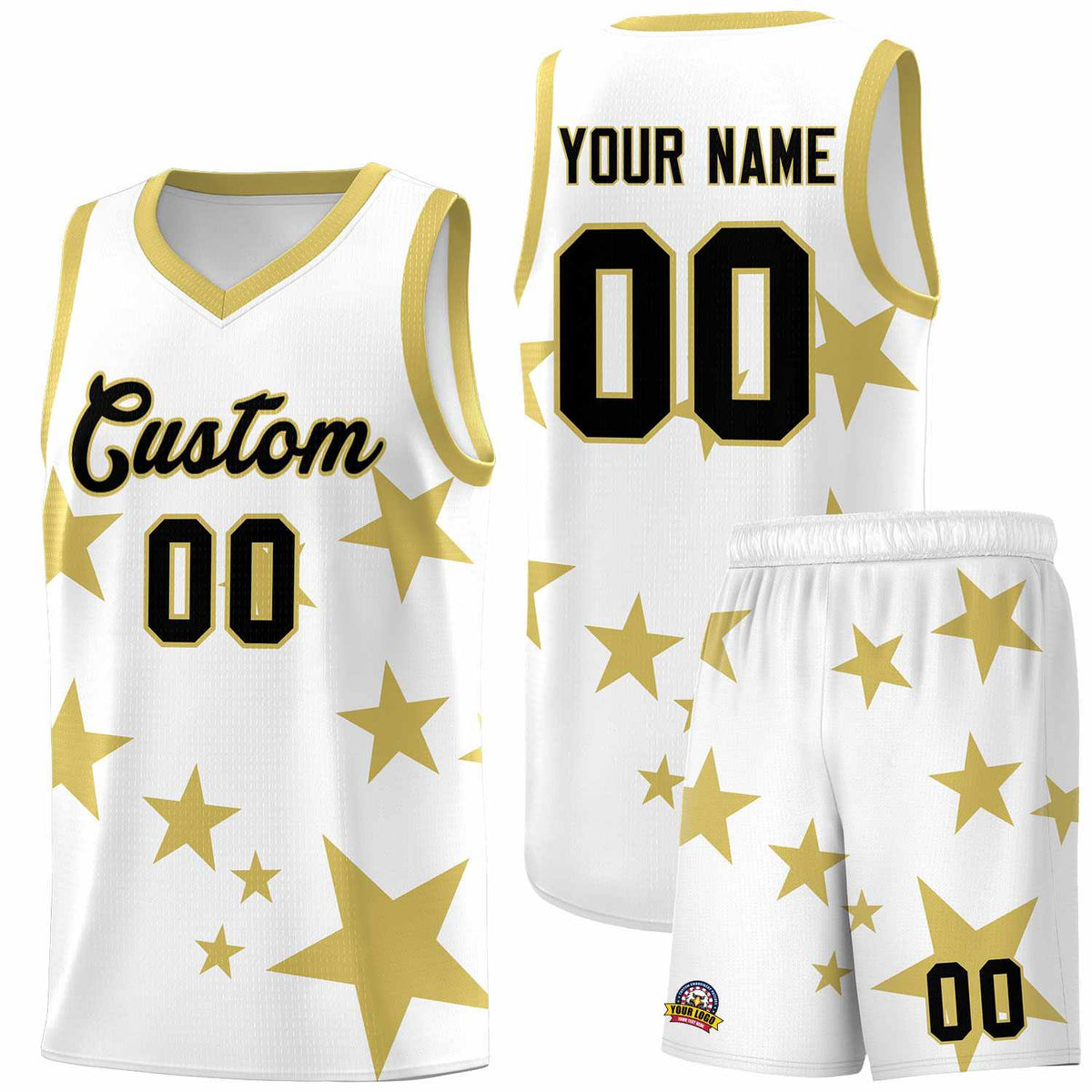 Custom White Old Gold Graffiti Pattern Star Print Basketball Kits Sets
