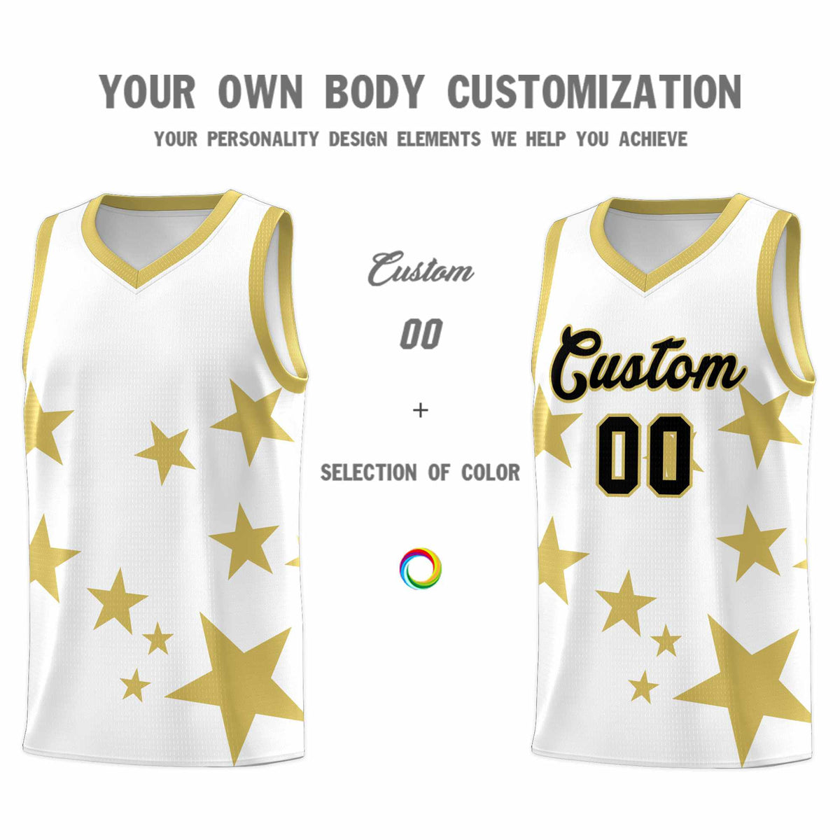 Custom White Old Gold Graffiti Pattern Star Print Basketball Kits Sets