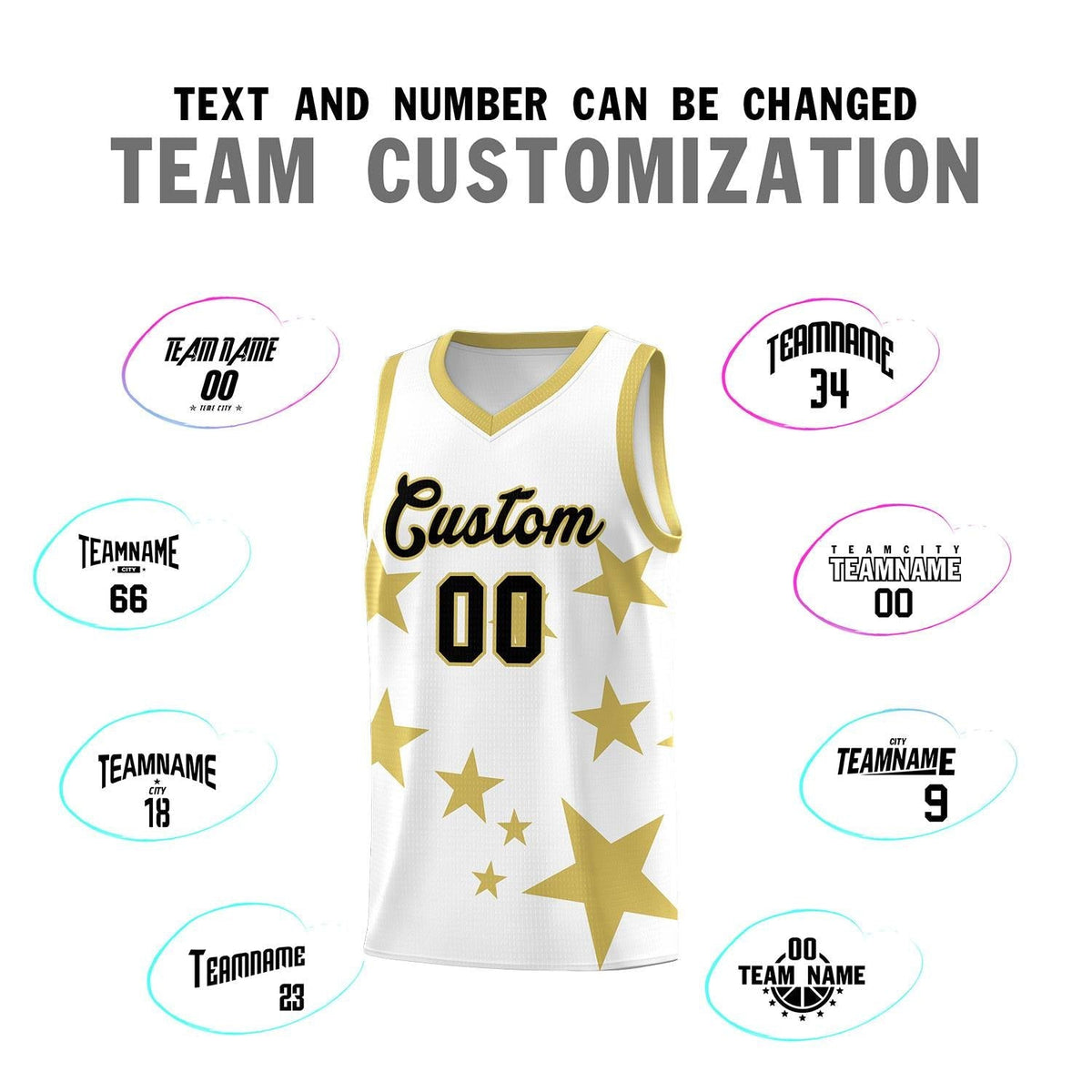 Custom White Old Gold Graffiti Pattern Star Print Basketball Kits Sets