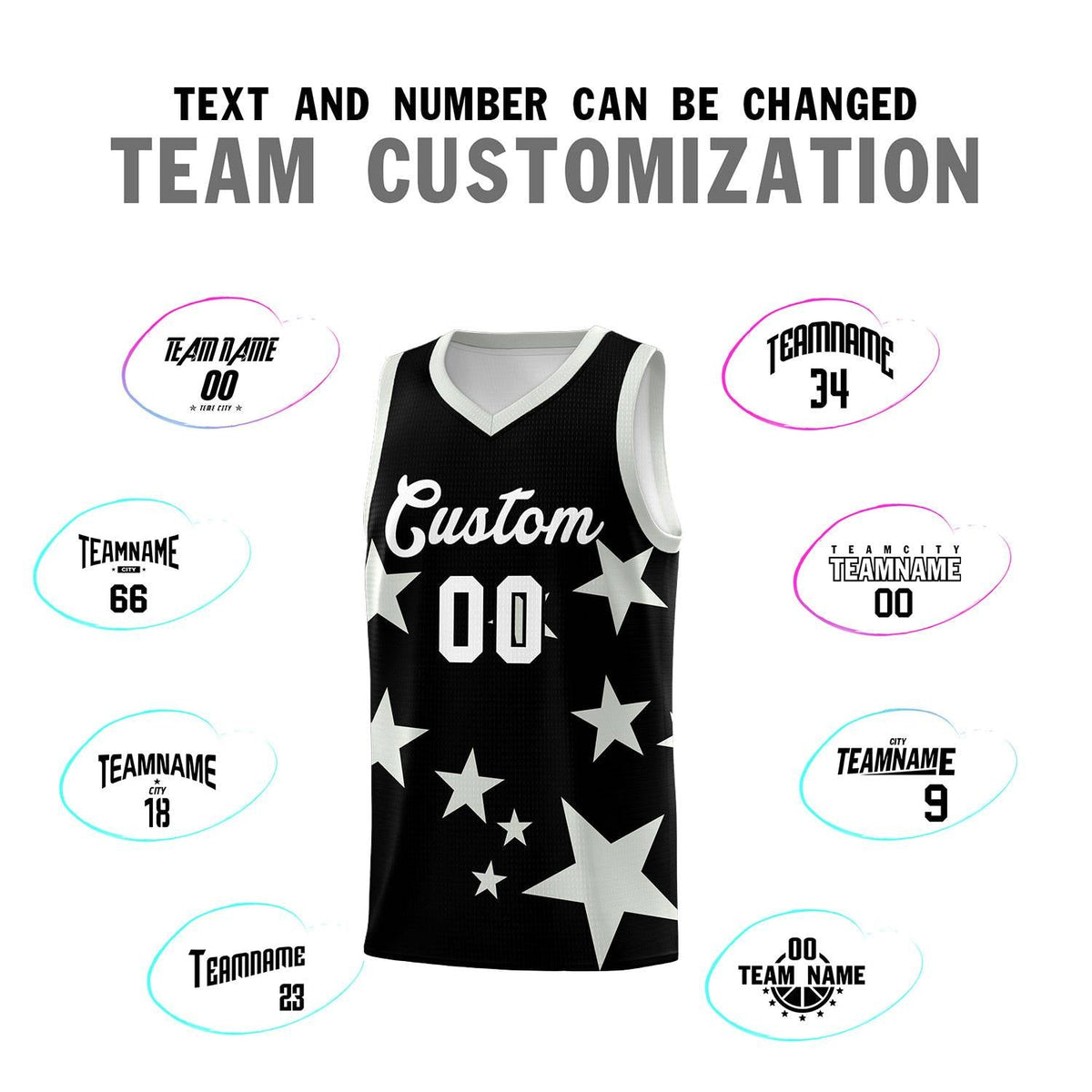 Custom Black Gray Graffiti Pattern Star Print Basketball Kits Sets