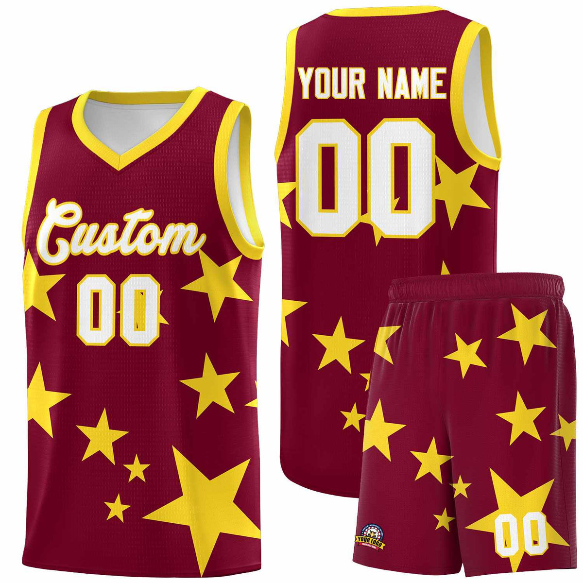Custom Crimson Gold Graffiti Pattern Star Print Basketball Kits Sets