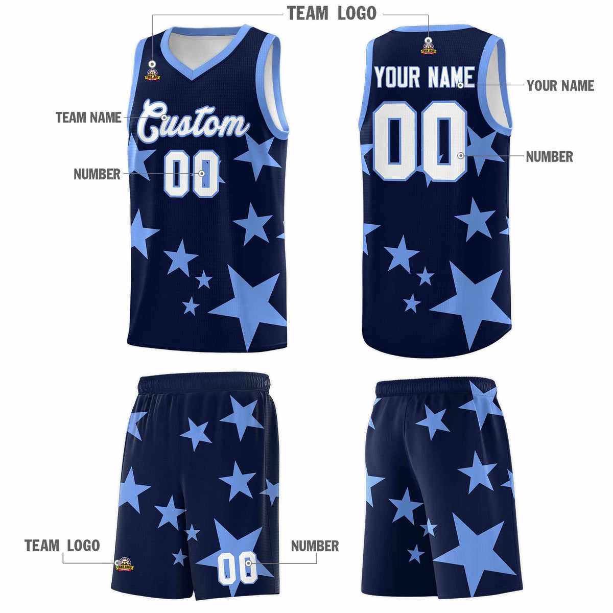 Custom Navy Light Blue Graffiti Pattern Star Print Basketball Kits Sets