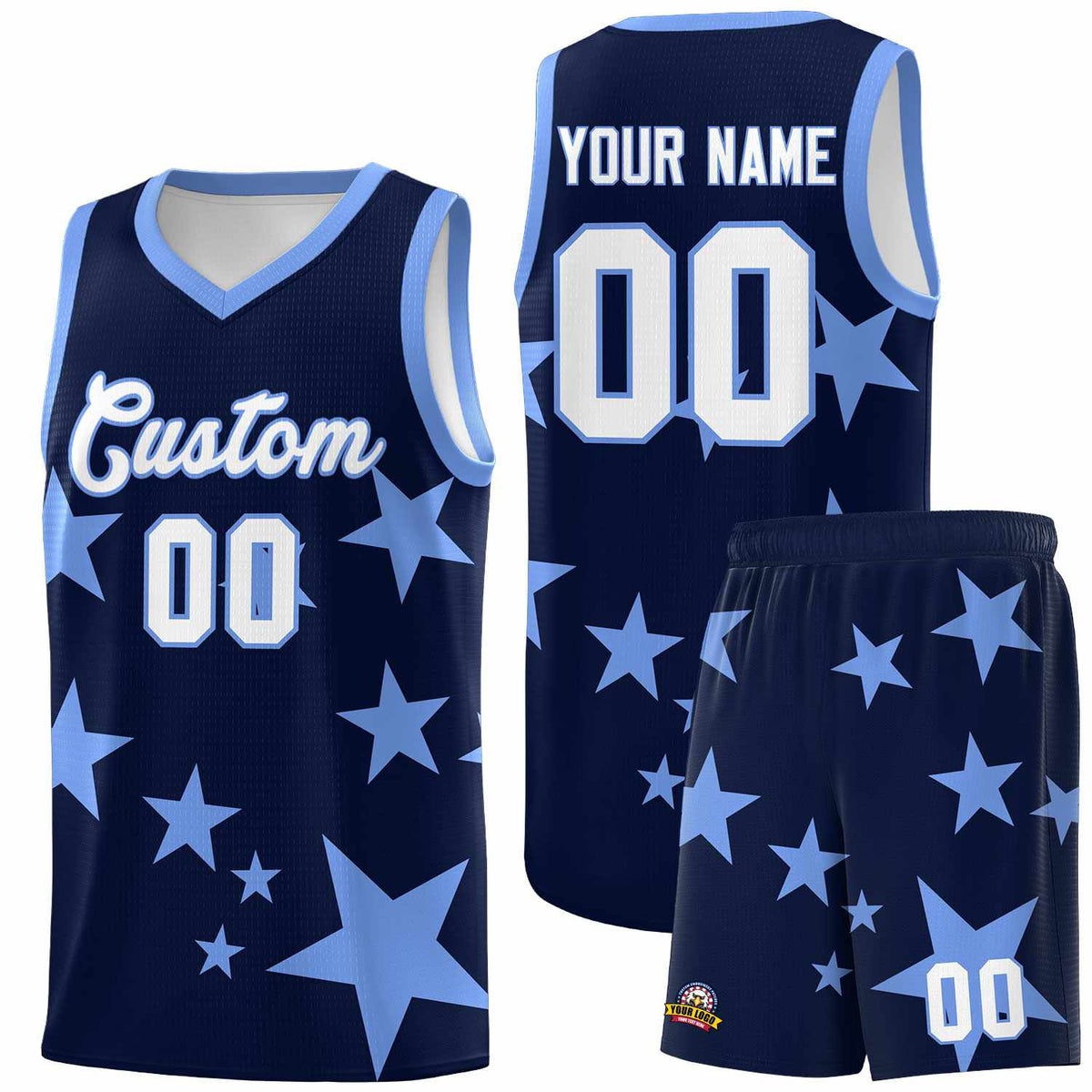Custom Navy Light Blue Graffiti Pattern Star Print Basketball Kits Sets