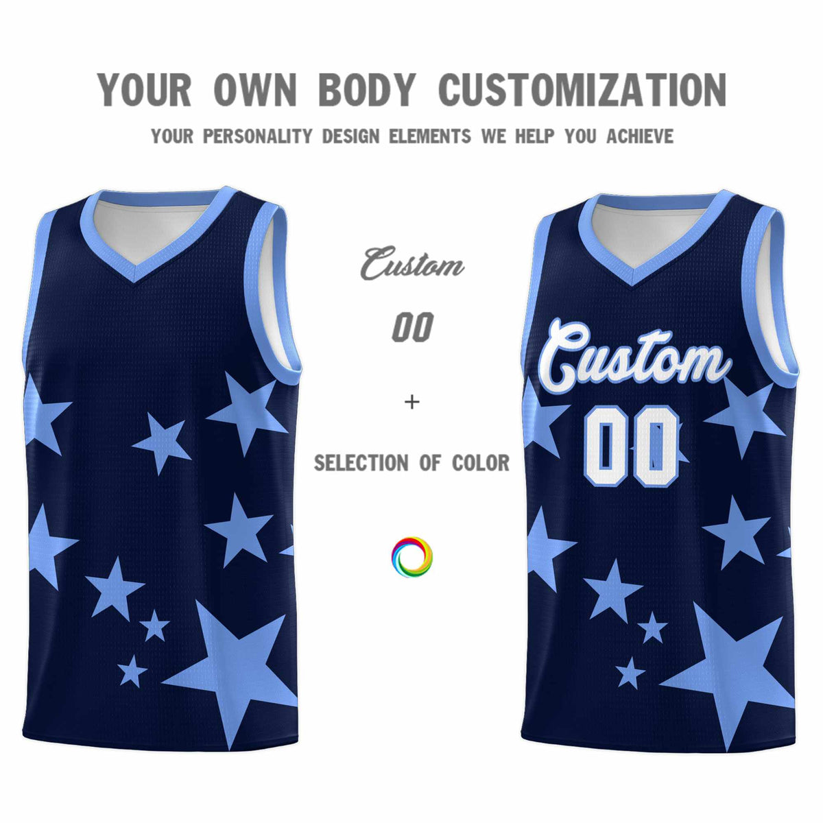 Custom Navy Light Blue Graffiti Pattern Star Print Basketball Kits Sets