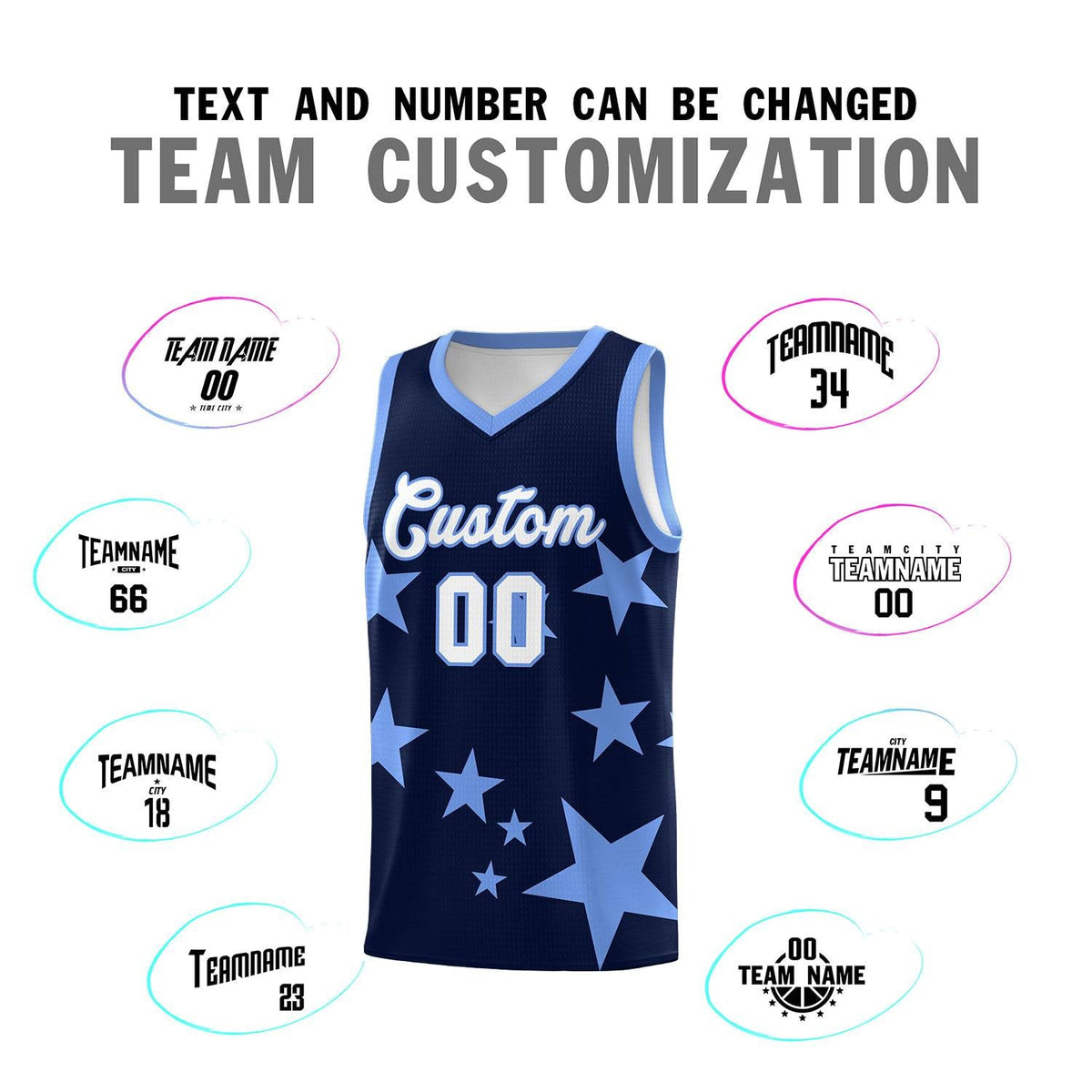 Custom Navy Light Blue Graffiti Pattern Star Print Basketball Kits Sets