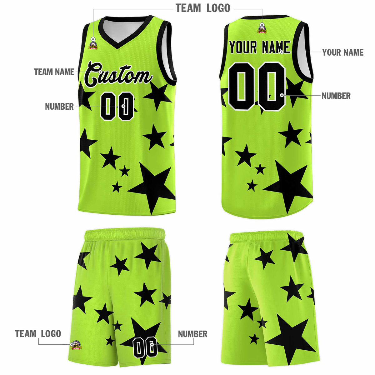 Custom Light Green Black Graffiti Pattern Star Print Basketball Kits Sets