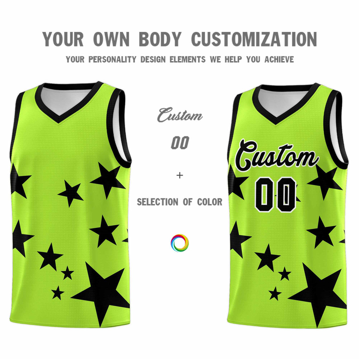 Custom Light Green Black Graffiti Pattern Star Print Basketball Kits Sets