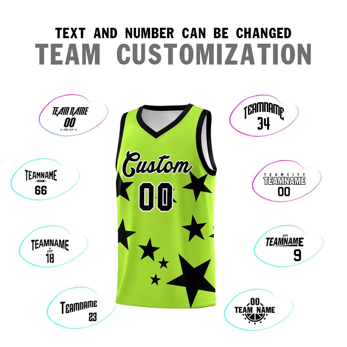 Custom Light Green Black Graffiti Pattern Star Print Basketball Kits Sets