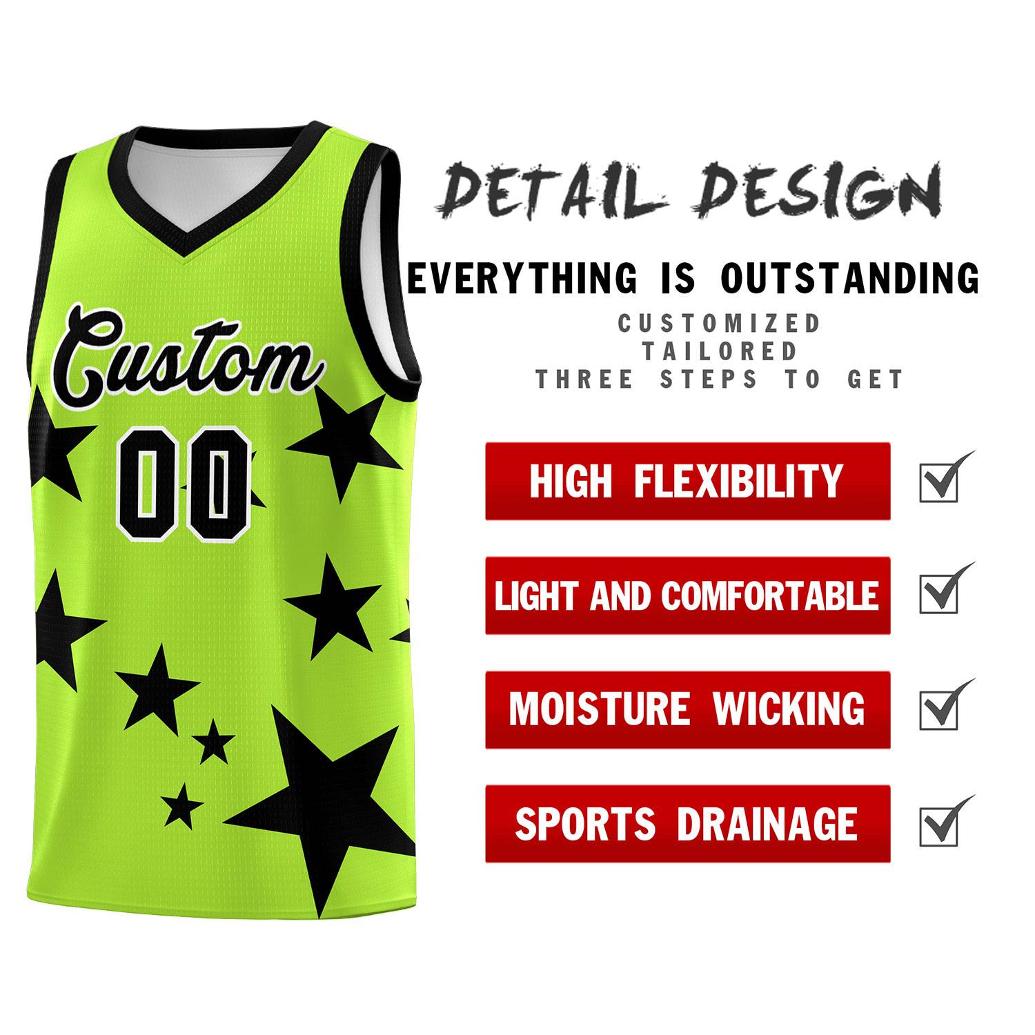 Custom Light Green Black Graffiti Pattern Star Print Basketball Kits Sets