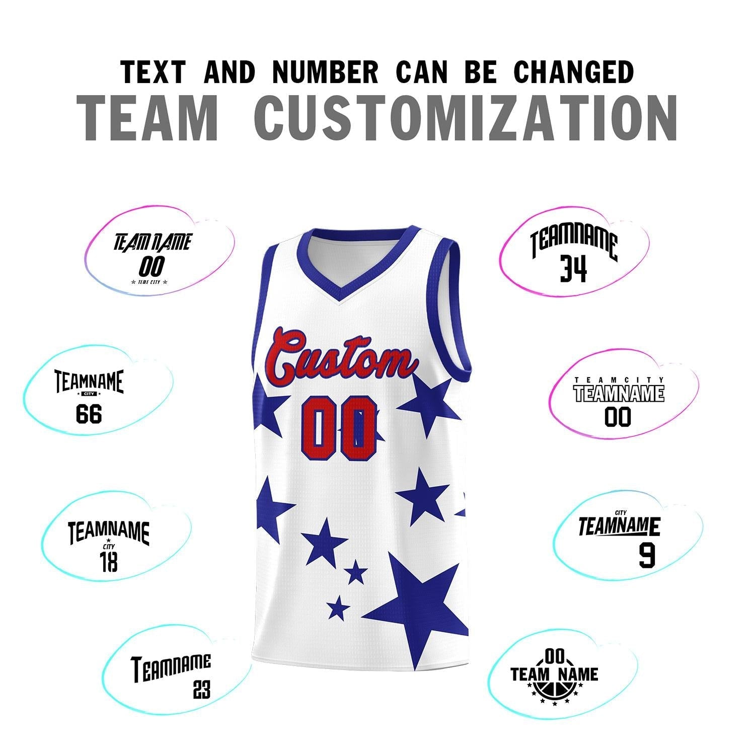 Custom White Royal Graffiti Pattern Star Print Basketball Kits Sets