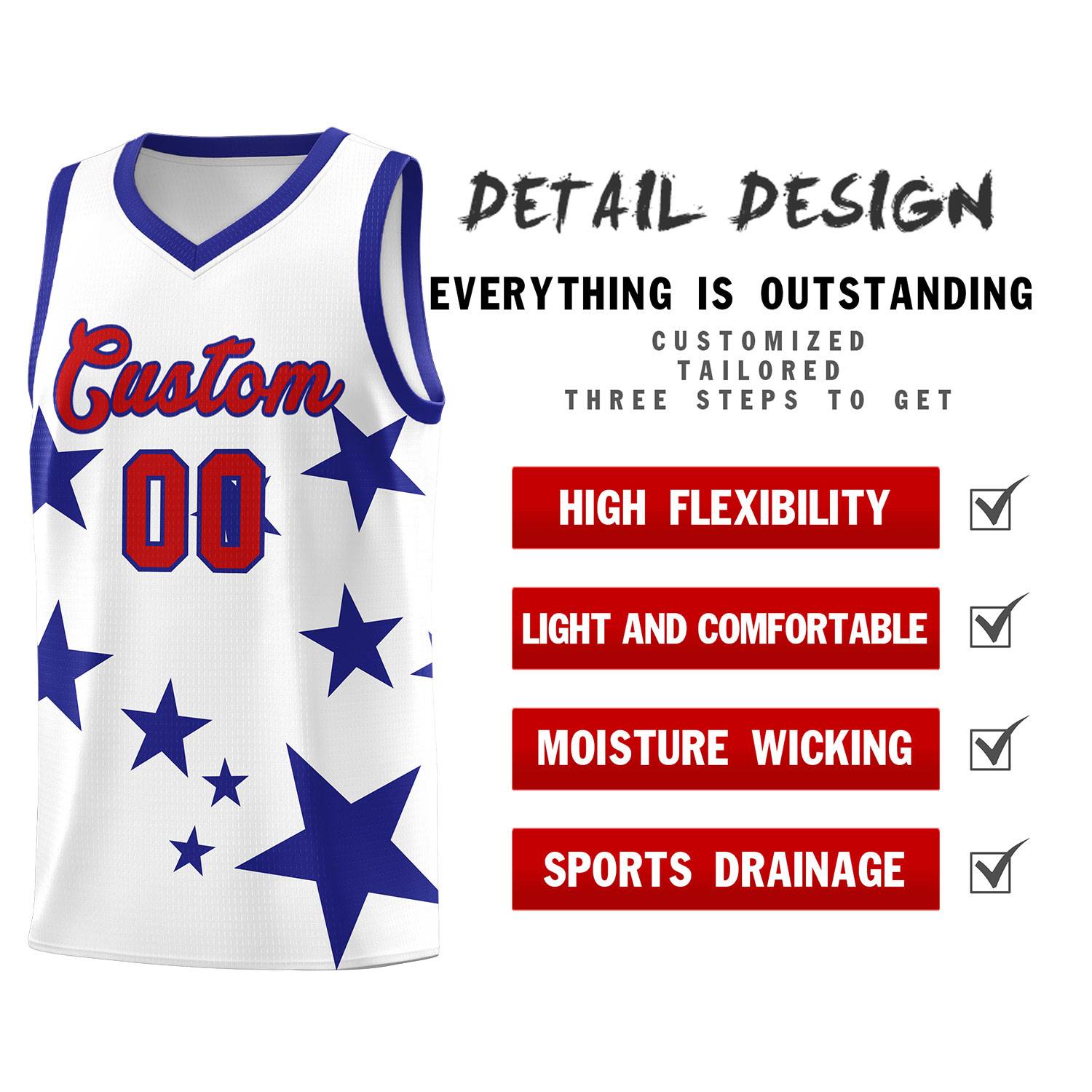 Custom White Royal Graffiti Pattern Star Print Basketball Kits Sets