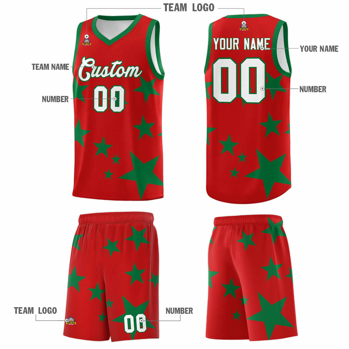 Custom Red Kelly Green Graffiti Pattern Star Print Basketball Kits Sets
