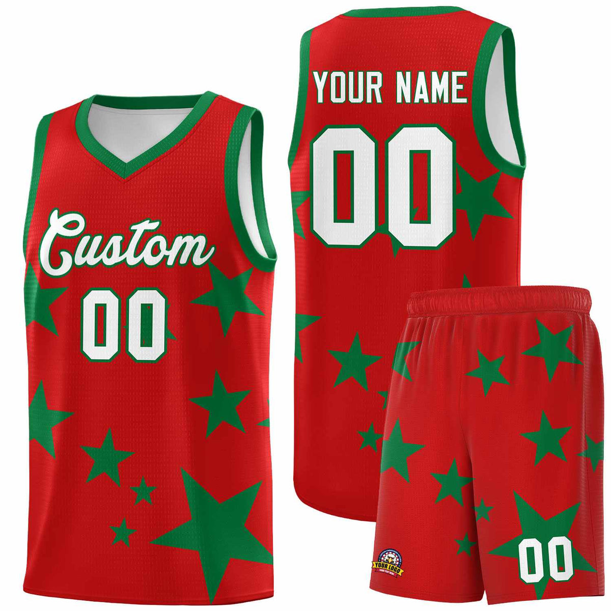 Custom Red Kelly Green Graffiti Pattern Star Print Basketball Kits Sets