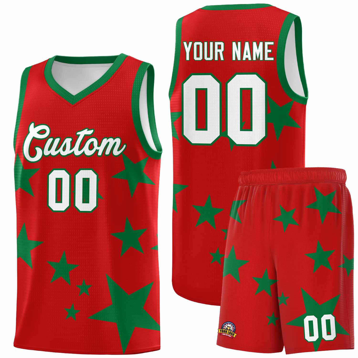 Custom Red Kelly Green Graffiti Pattern Star Print Basketball Kits Sets