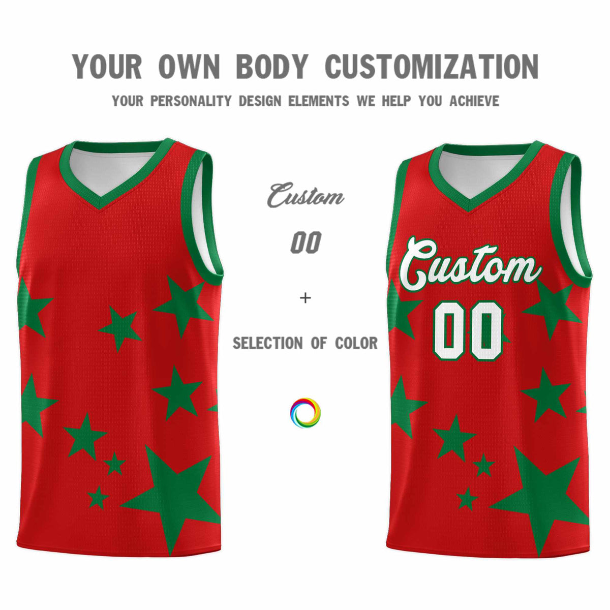 Custom Red Kelly Green Graffiti Pattern Star Print Basketball Kits Sets