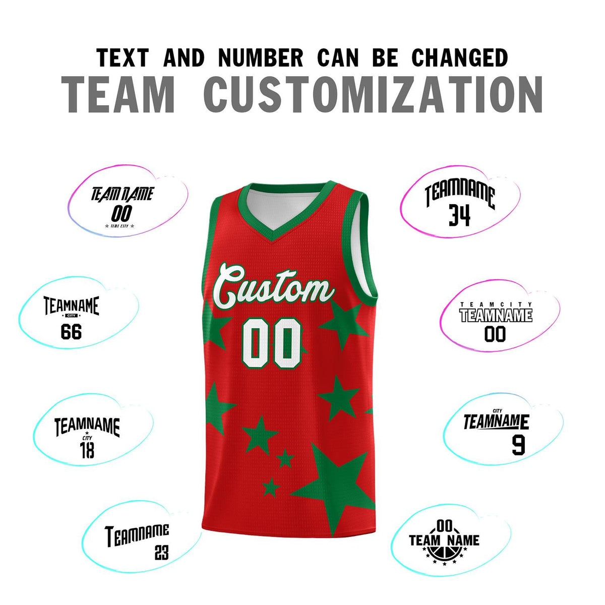 Custom Red Kelly Green Graffiti Pattern Star Print Basketball Kits Sets
